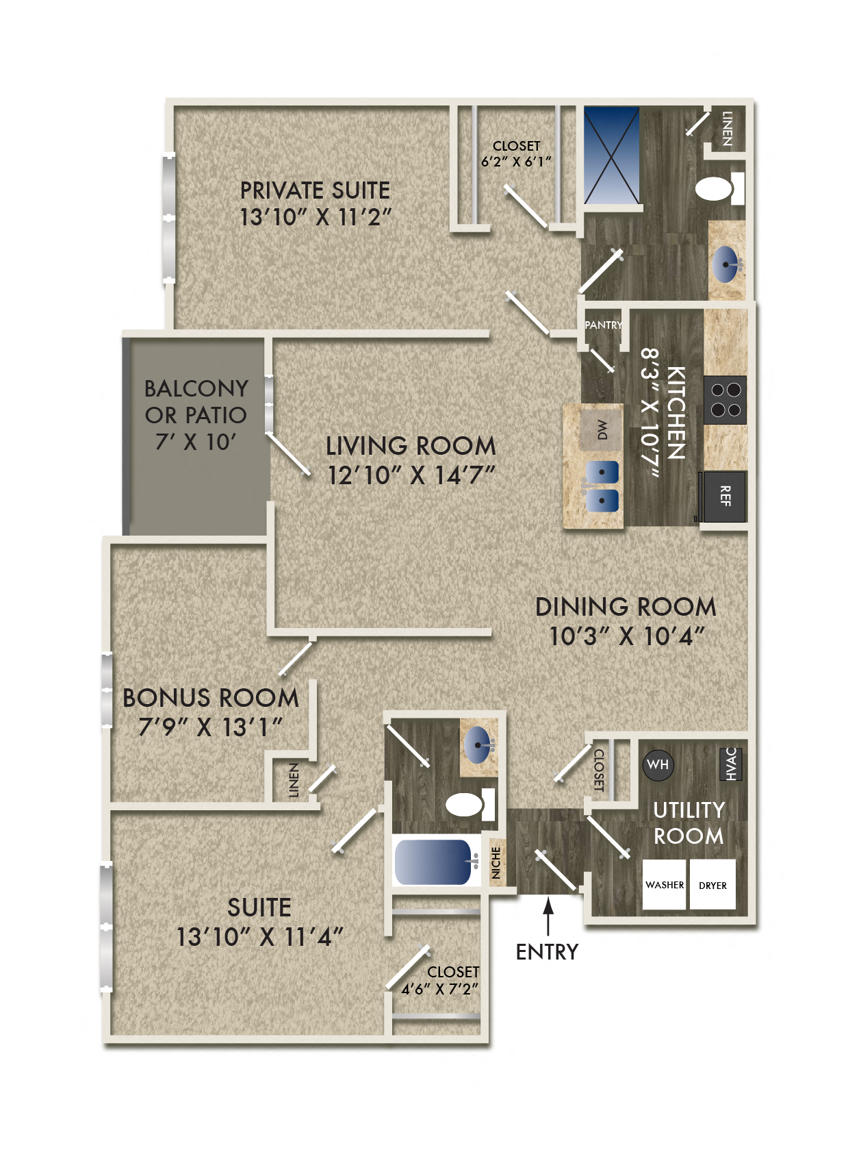 Floor plan for 2 beds, 2 baths, 1340 sqft