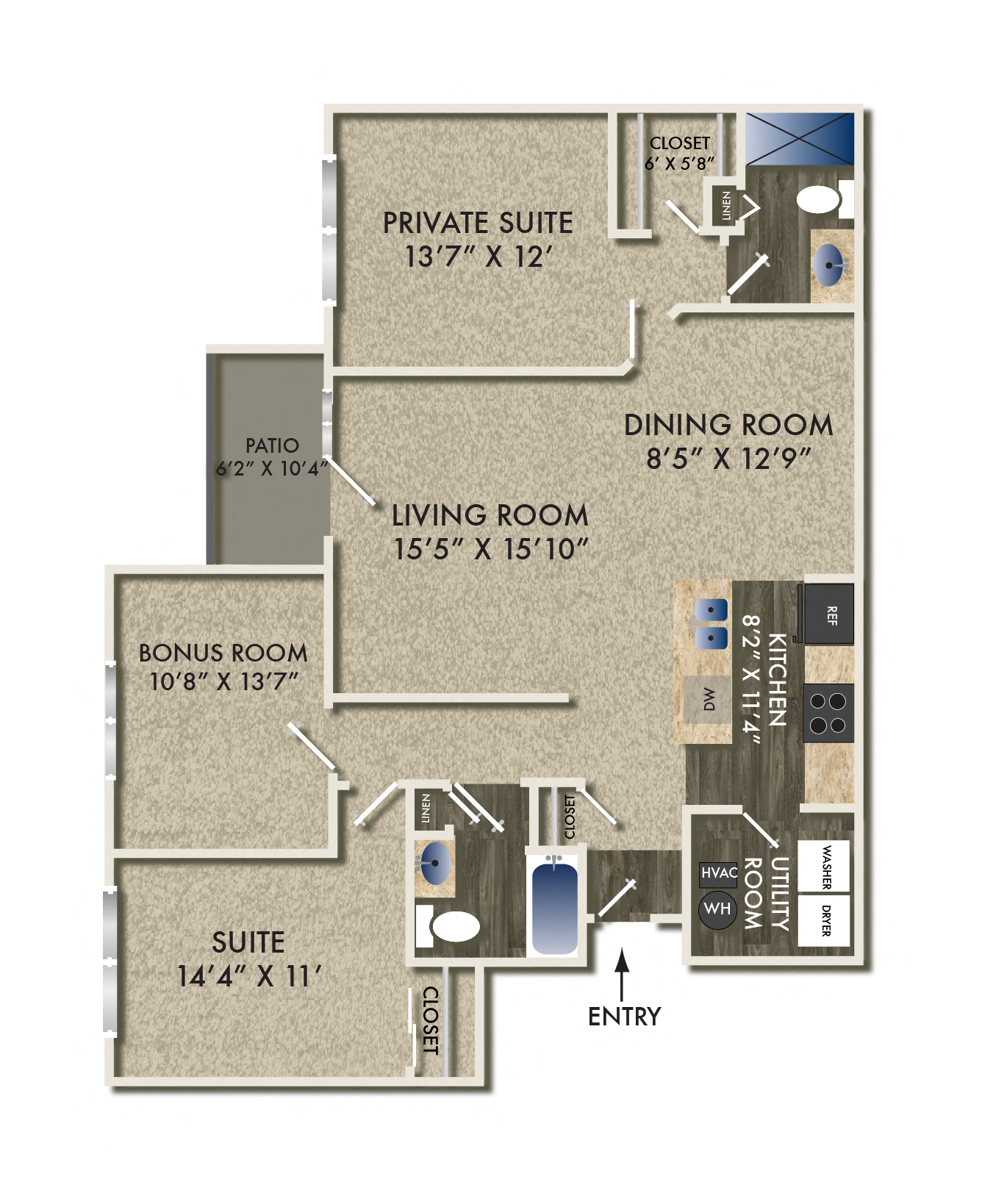Floor plan for 2 beds, 2 baths, 1393 sqft