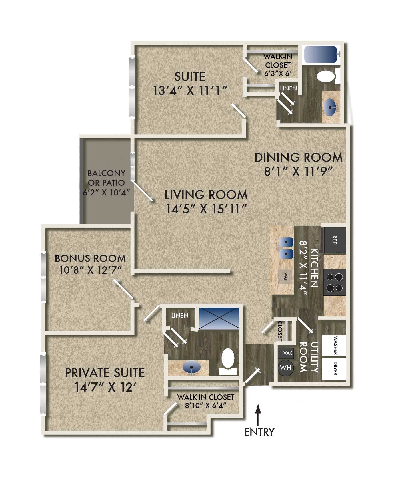 Floor plan for 2 beds, 2 baths, 1428 sqft