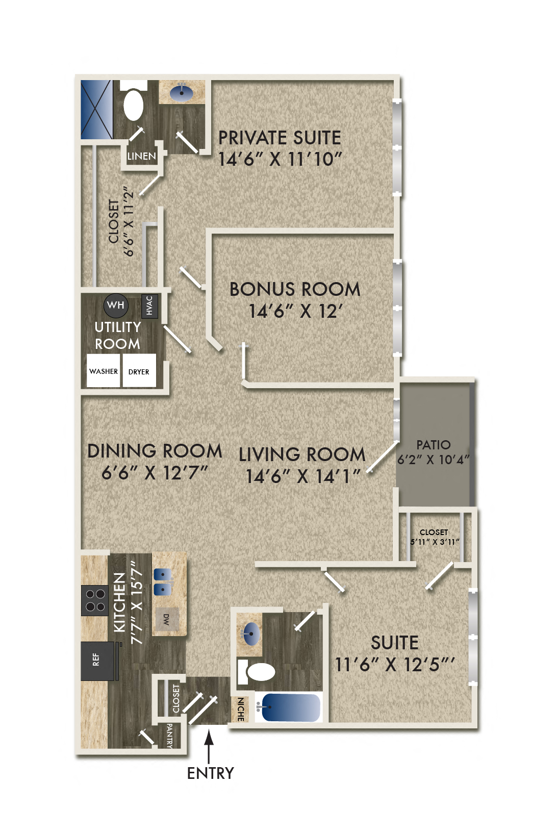 Floor plan for 2 beds, 2 baths, 1455 sqft
