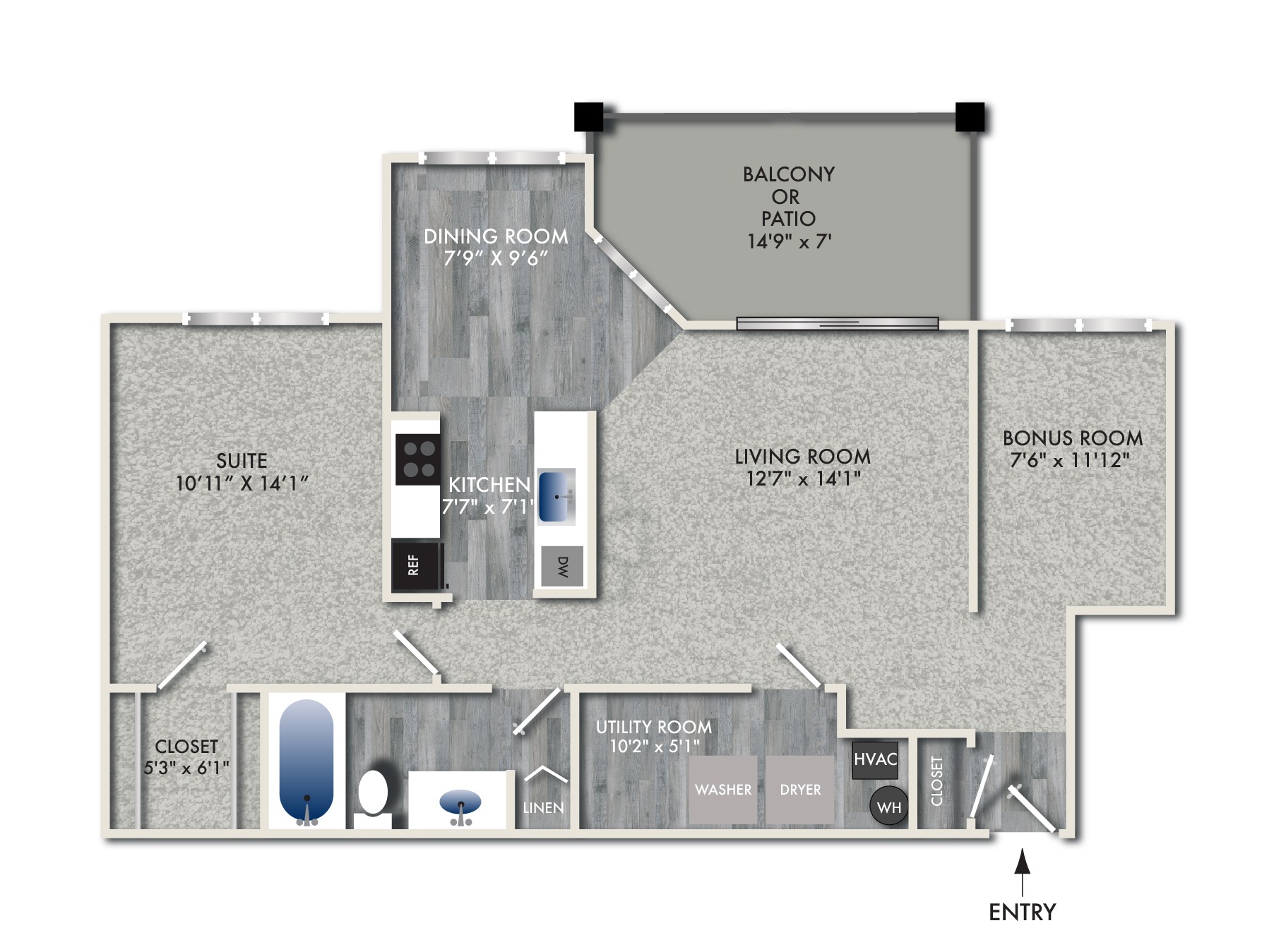 Floor plan for 1 bed, 1 bath, 890 sqft