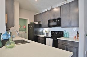 Greenwood apartment for rent - a kitchen with black appliances and a white counter top