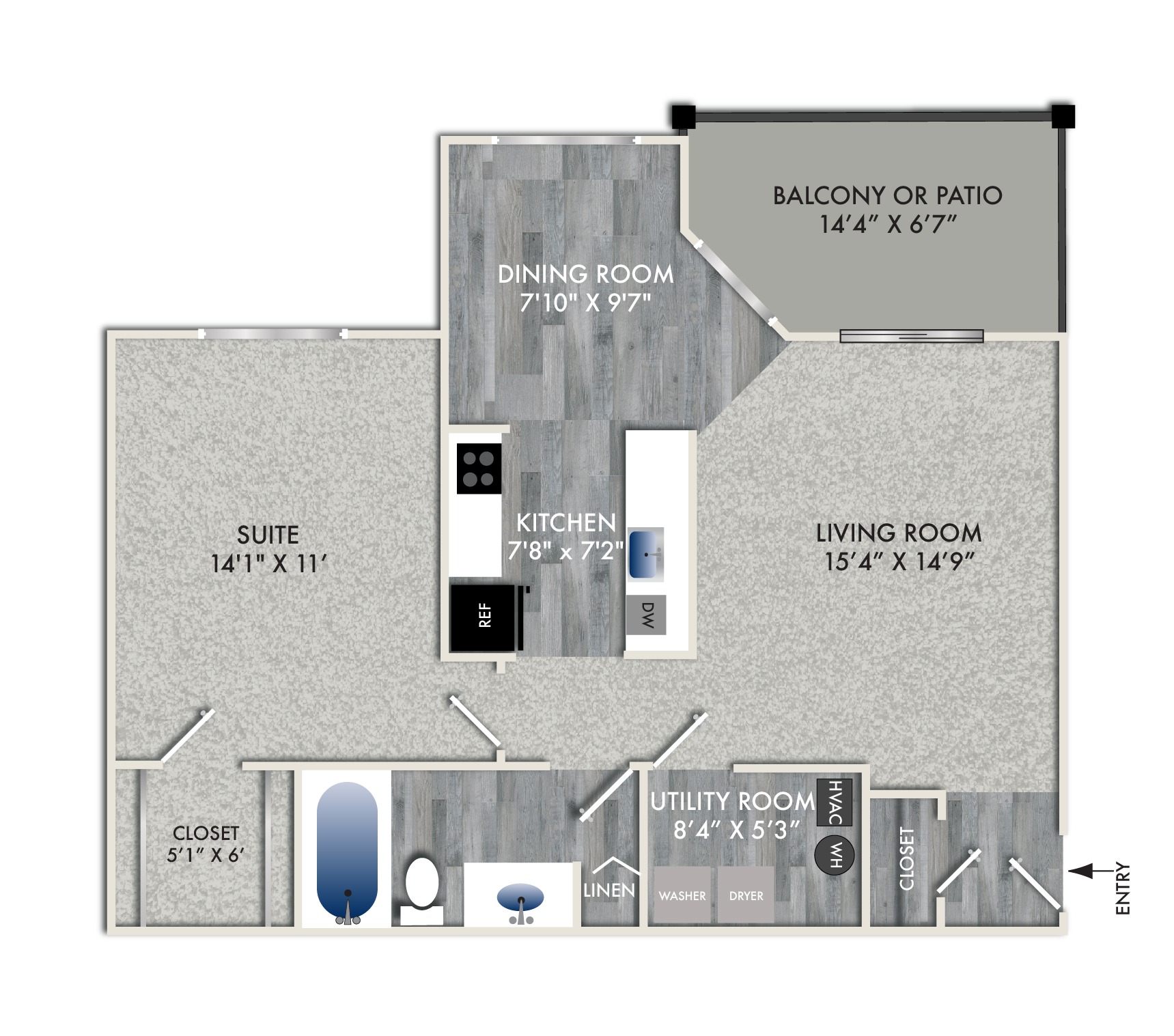 Floor plan for 1 bed, 1 bath, 763 sqft