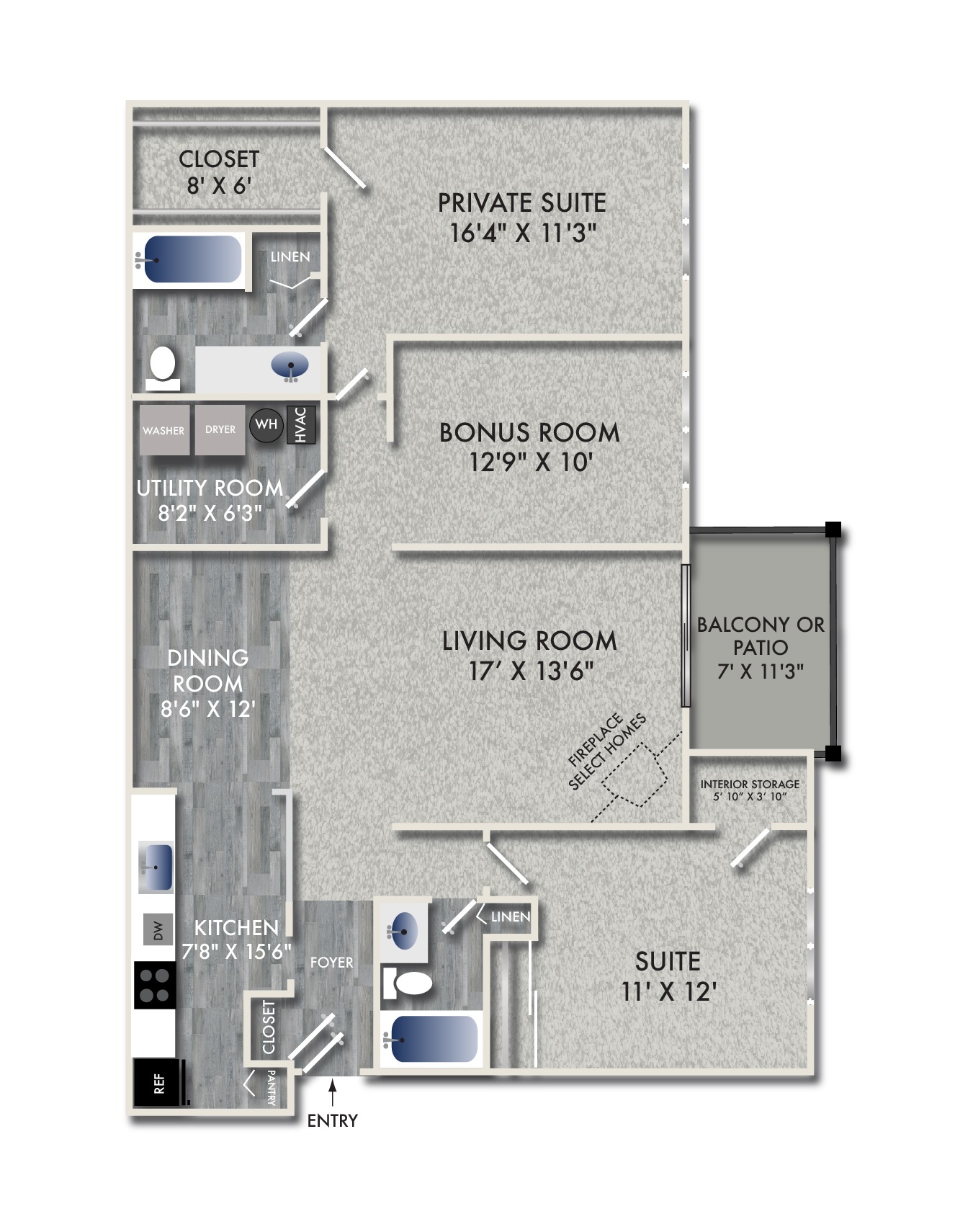 Floor plan for 2 beds, 2 baths, 1358 sqft