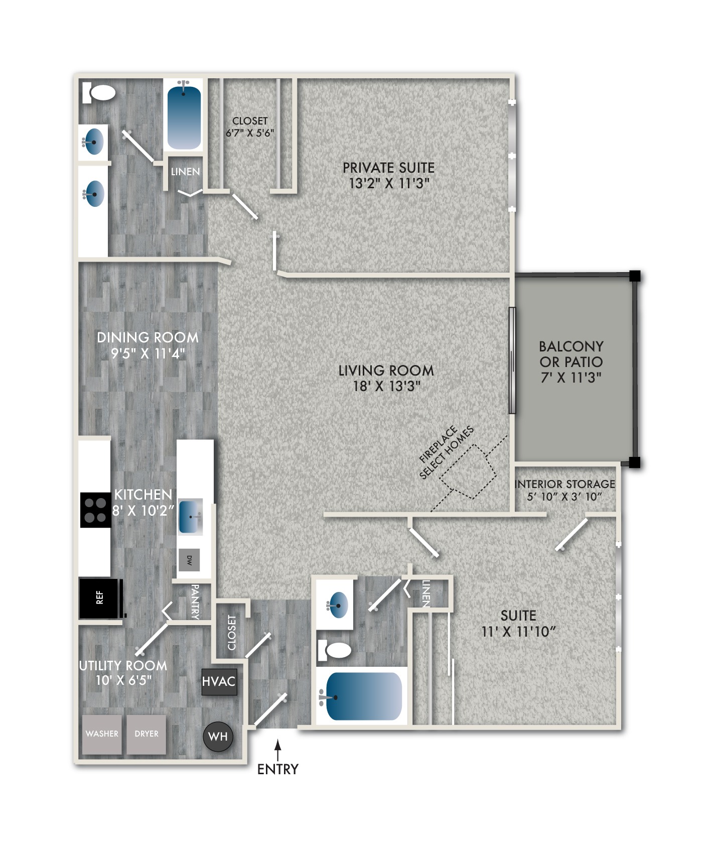 Floor plan for 2 beds, 2 baths, 1187 sqft