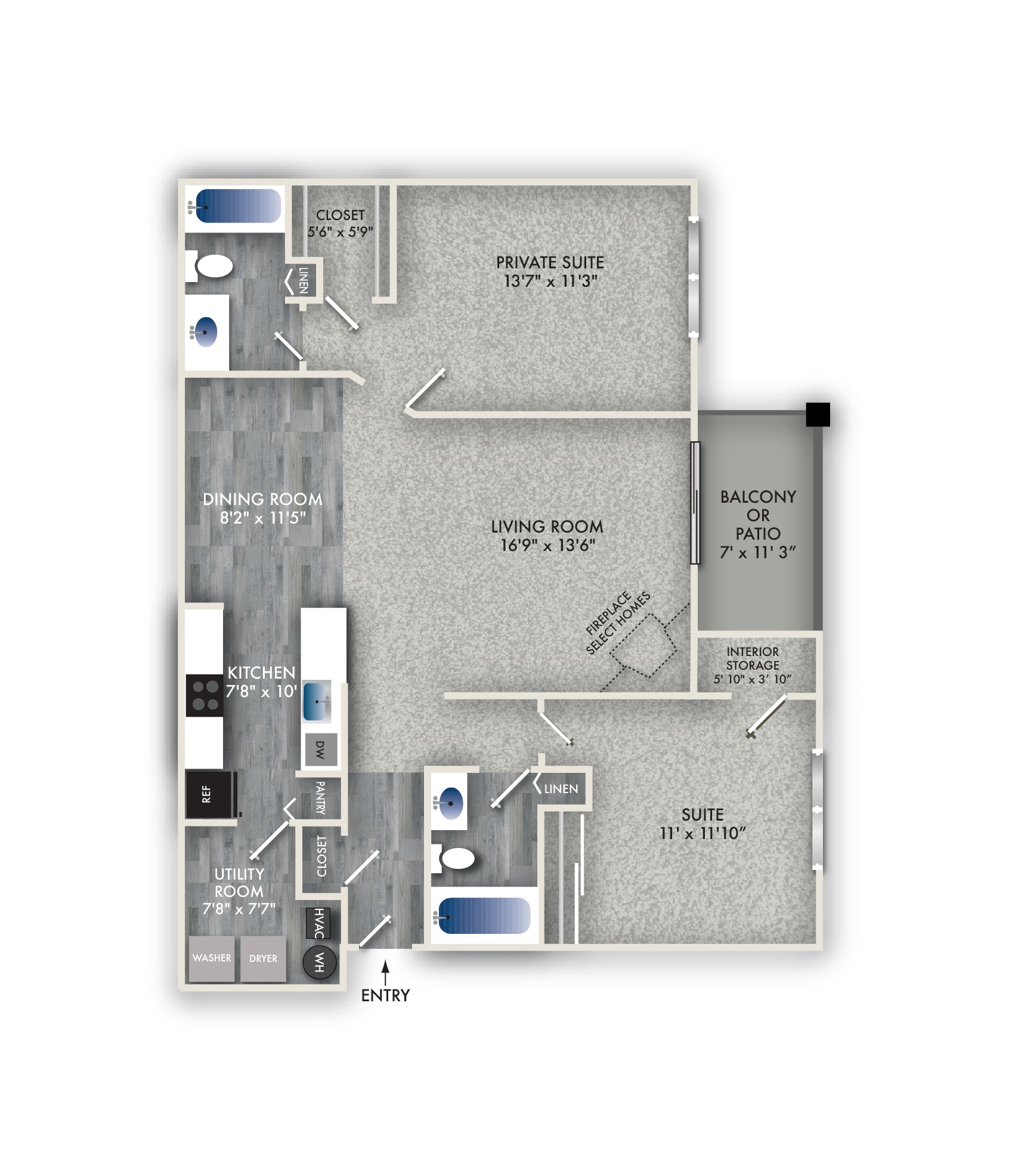 Floor plan for 2 beds, 2 baths, 1092 sqft