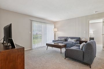 Southgate apartment for rent - A living room with a grey couch and a television on a wooden cabinet.
