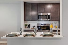 Southgate apartment for rent - A modern kitchen with brown cabinets and a white countertop.