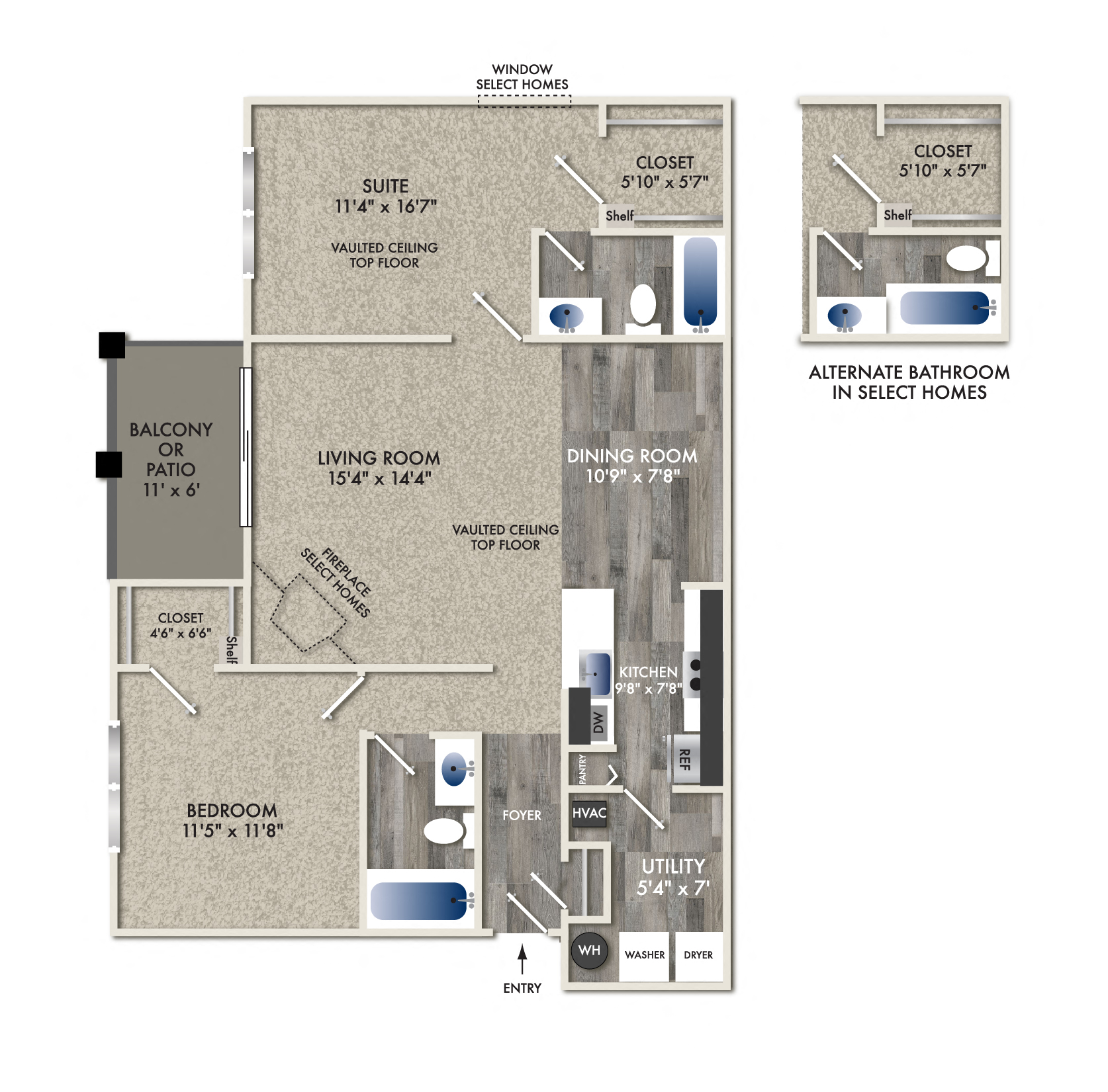 Floor plan for 2 beds, 2 baths, 1000 sqft