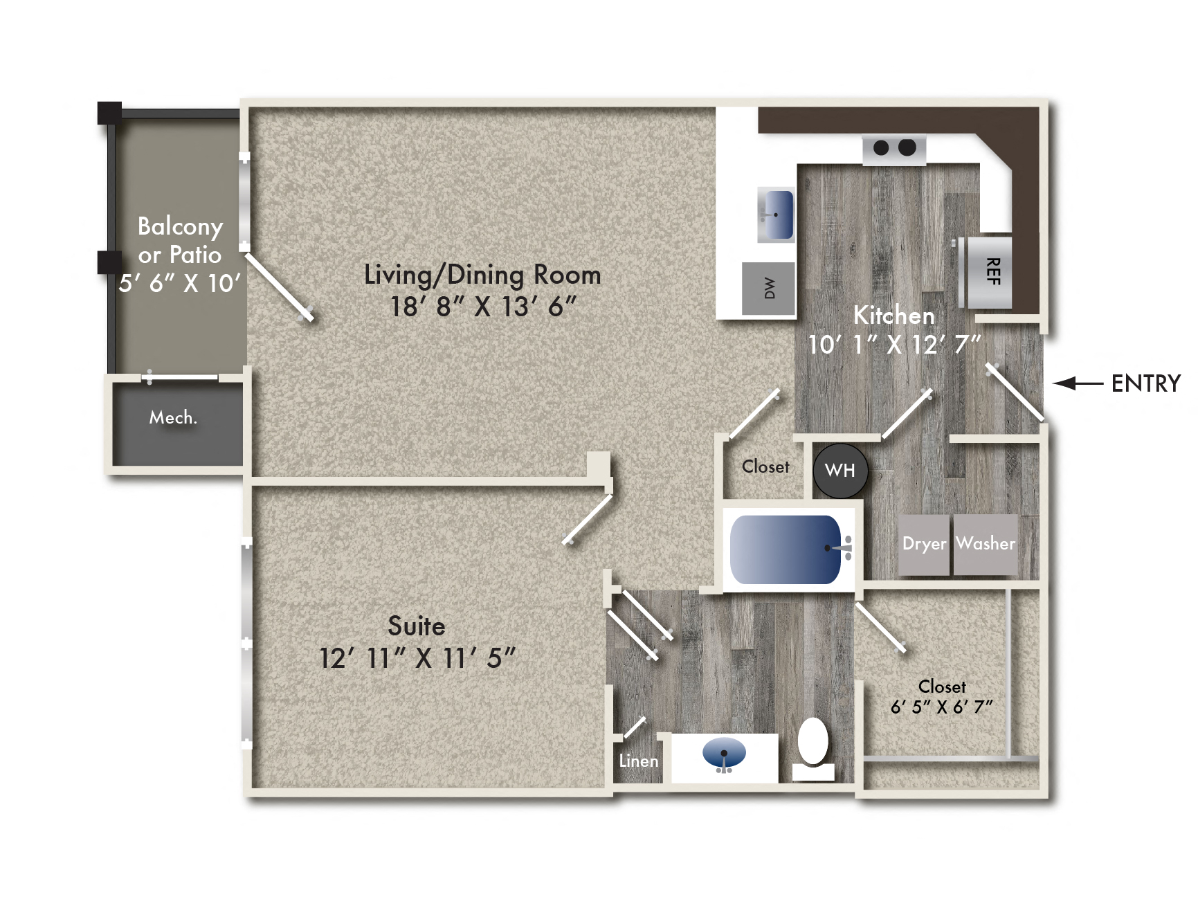 Floor plan for 1 bed, 1 bath, 803 sqft