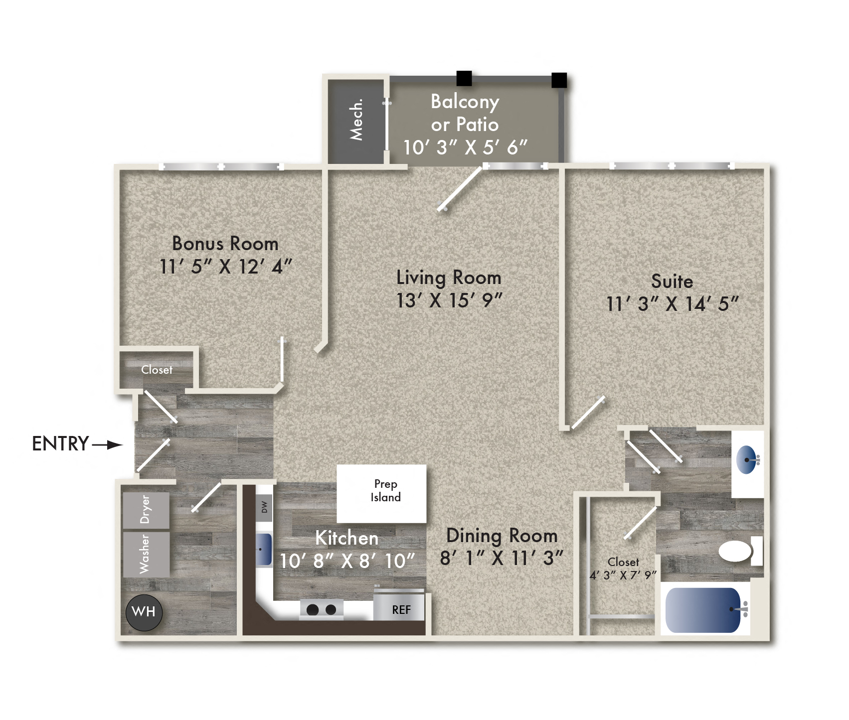 Floor plan for 1 bed, 1 bath, 1017 sqft