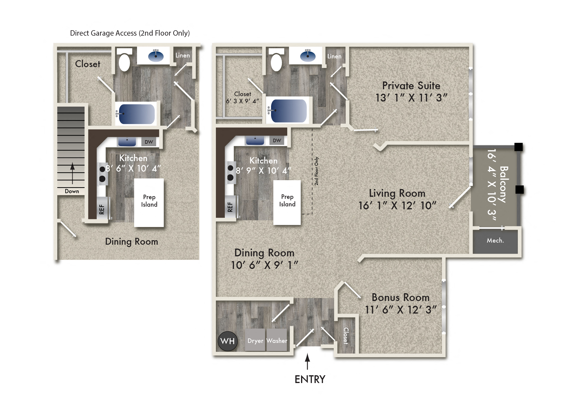 Floor plan for 1 bed, 1 bath, 1105 sqft