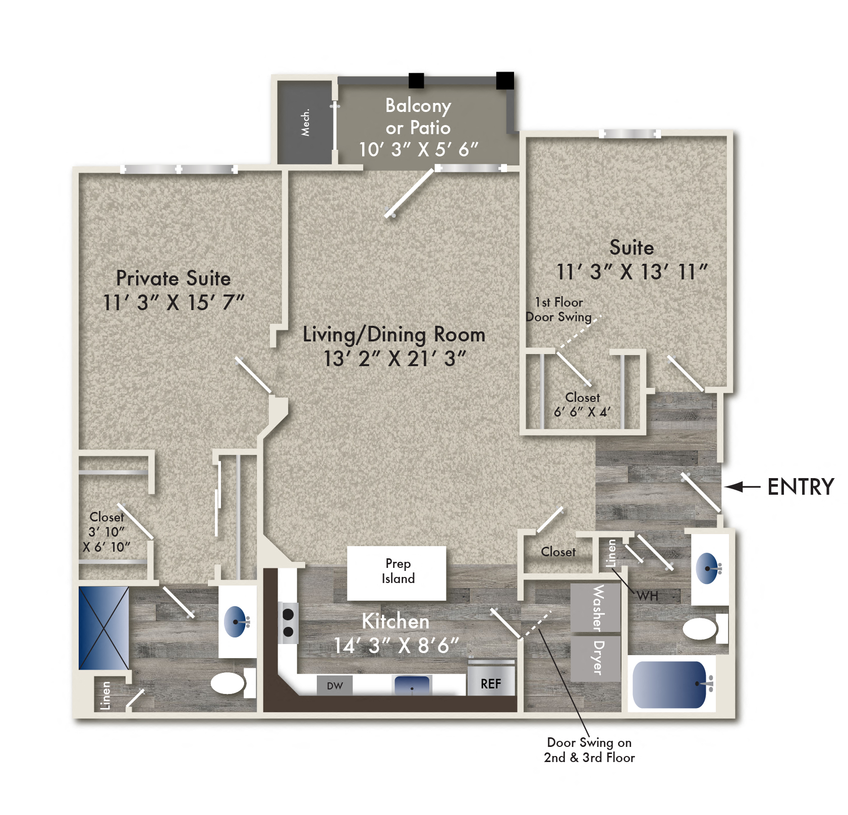 Floor plan for 2 beds, 2 baths, 1184 sqft