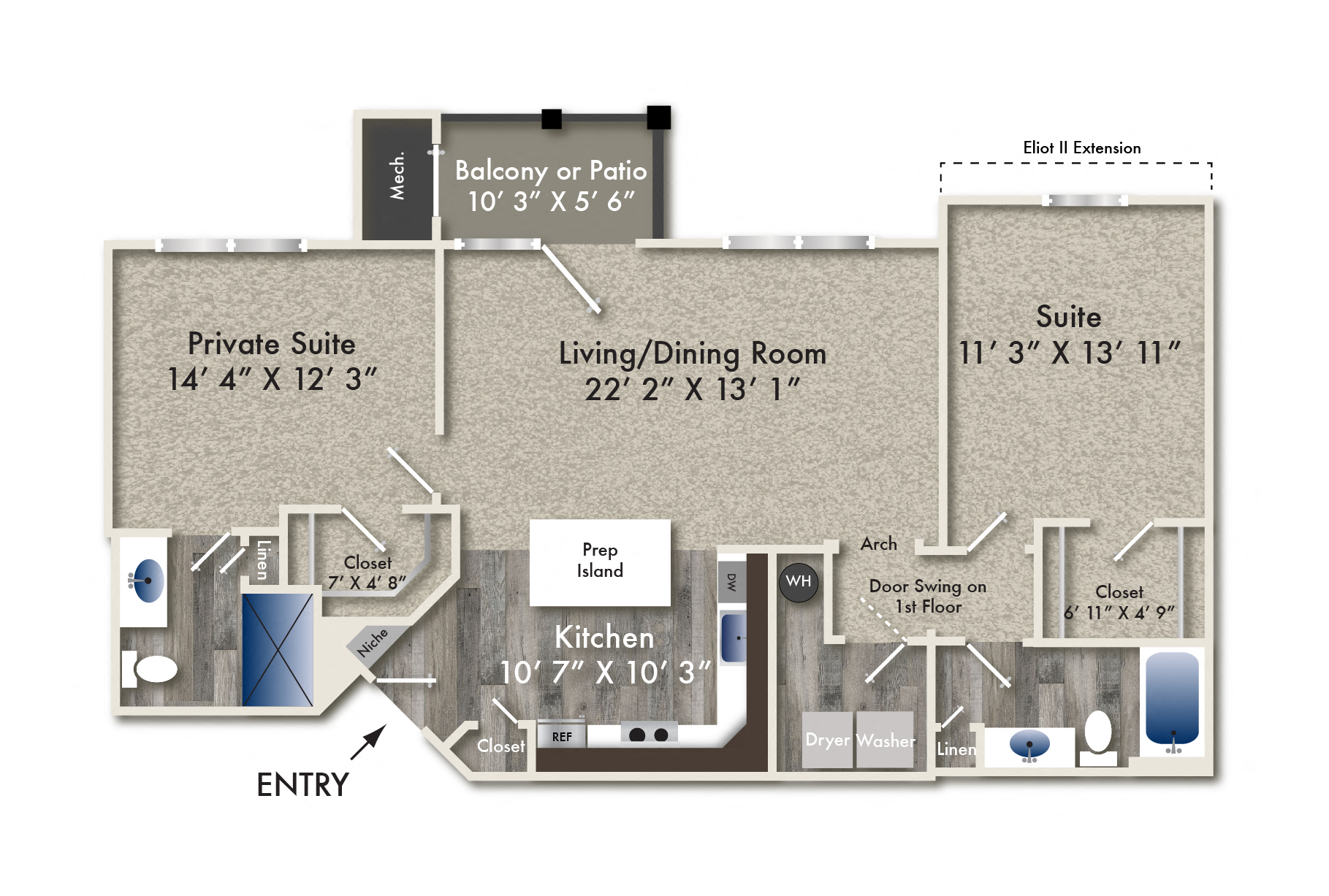Floor plan for 2 beds, 2 baths, 1186 sqft