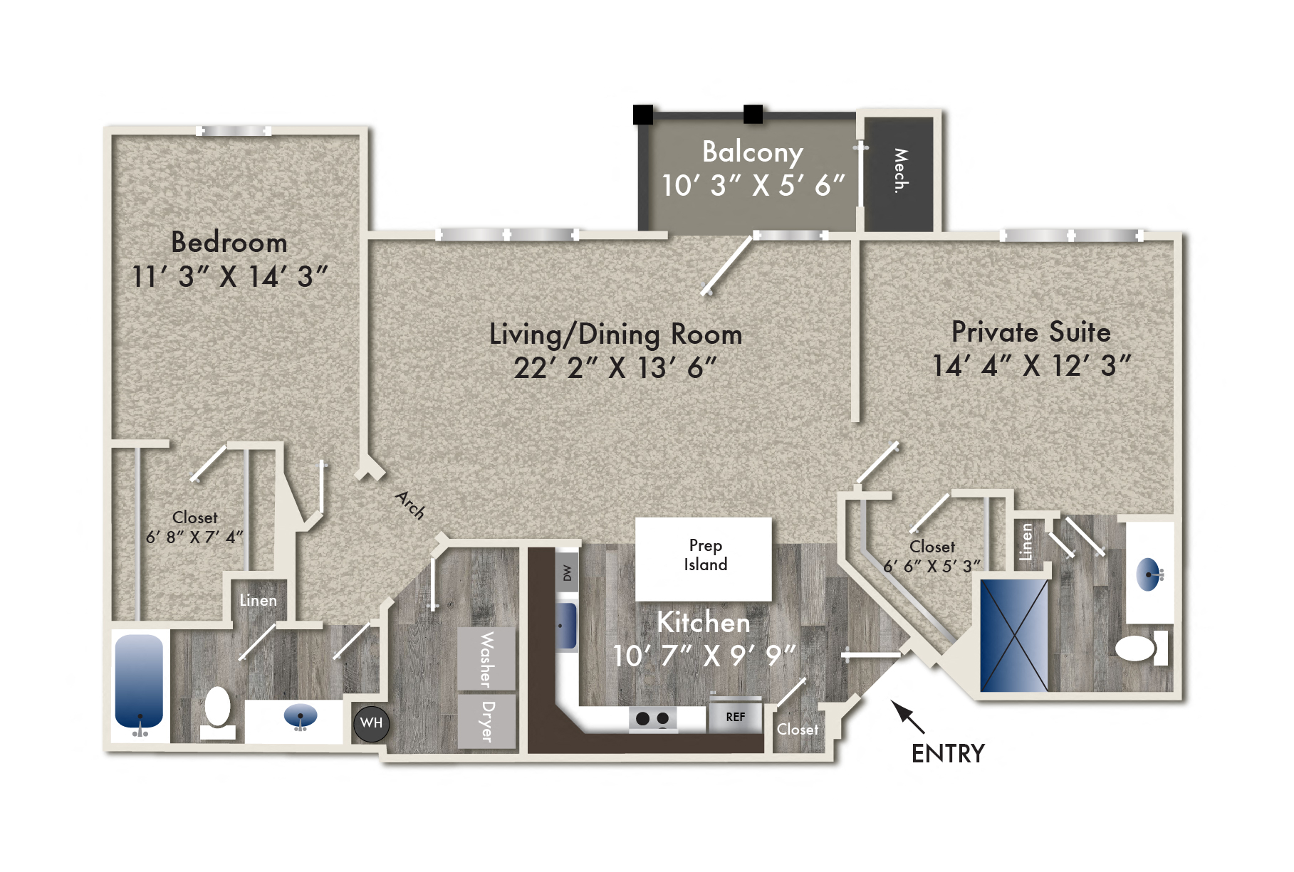 Floor plan for 2 beds, 2 baths, 1195 sqft