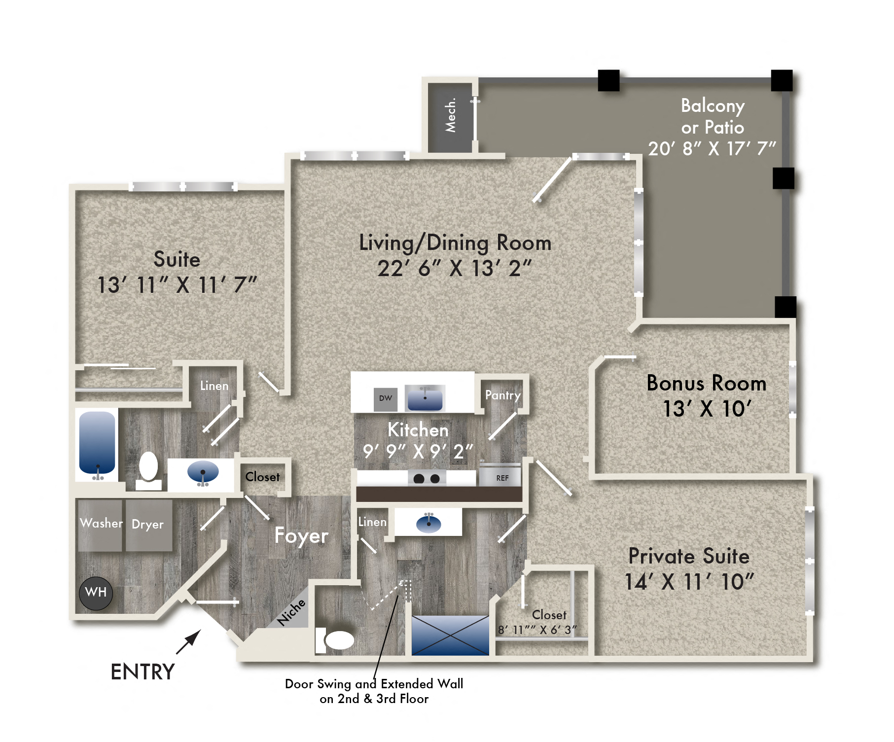 Floor plan for 2 beds, 2 baths, 1458 sqft