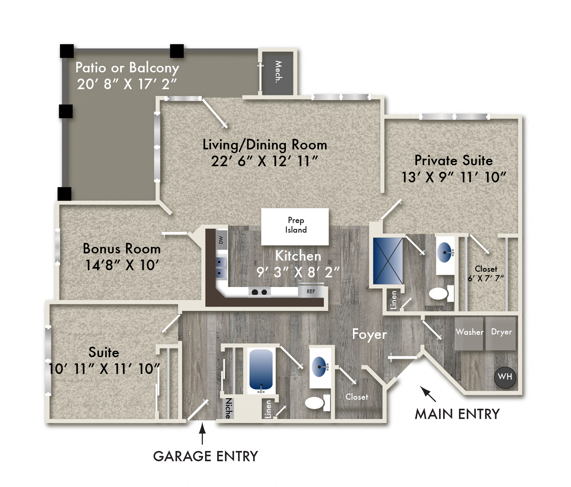 Floor plan for 2 beds, 2 baths, 1450 sqft