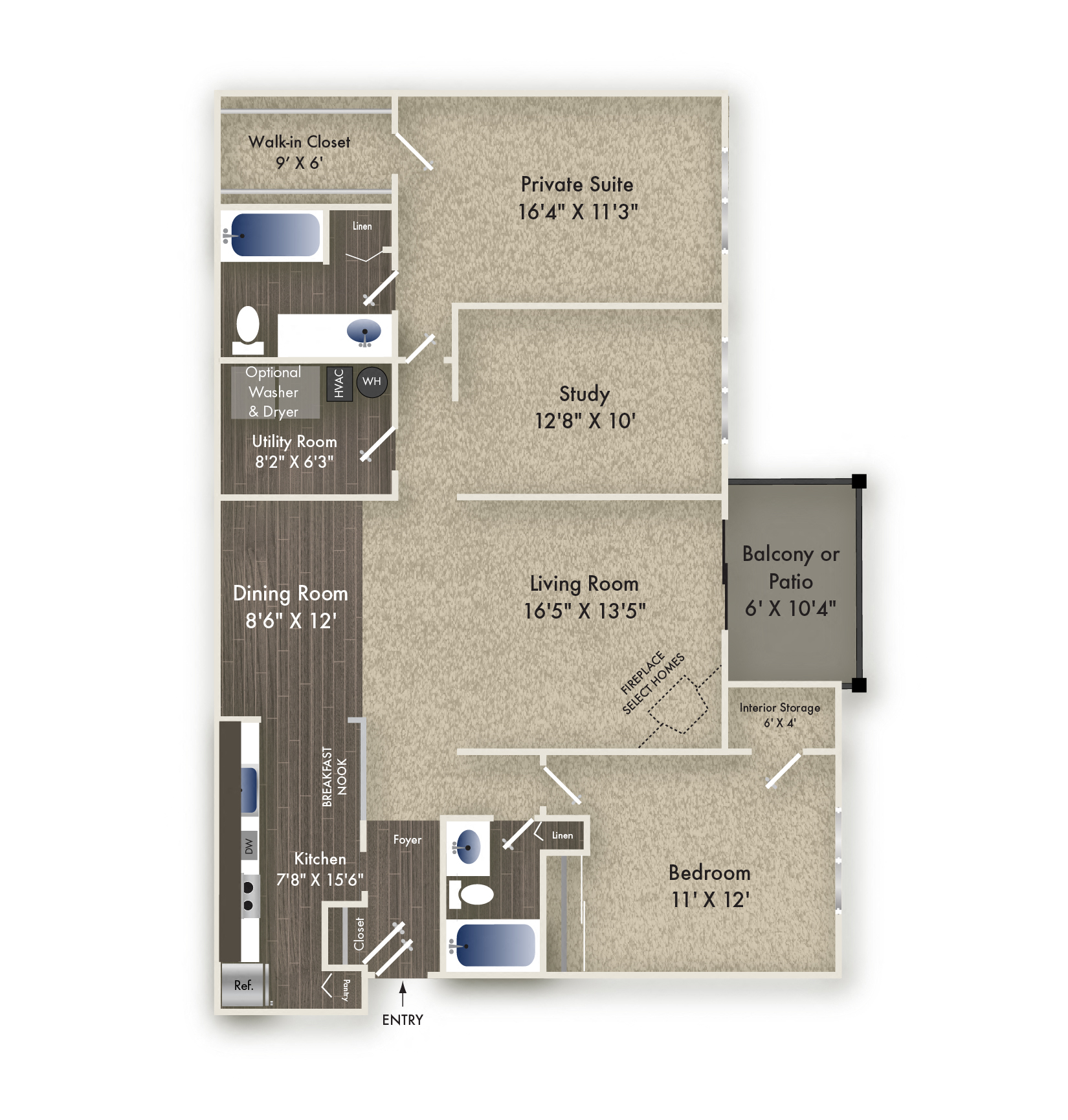Floor plan for 2 beds, 2 baths, 1360 sqft