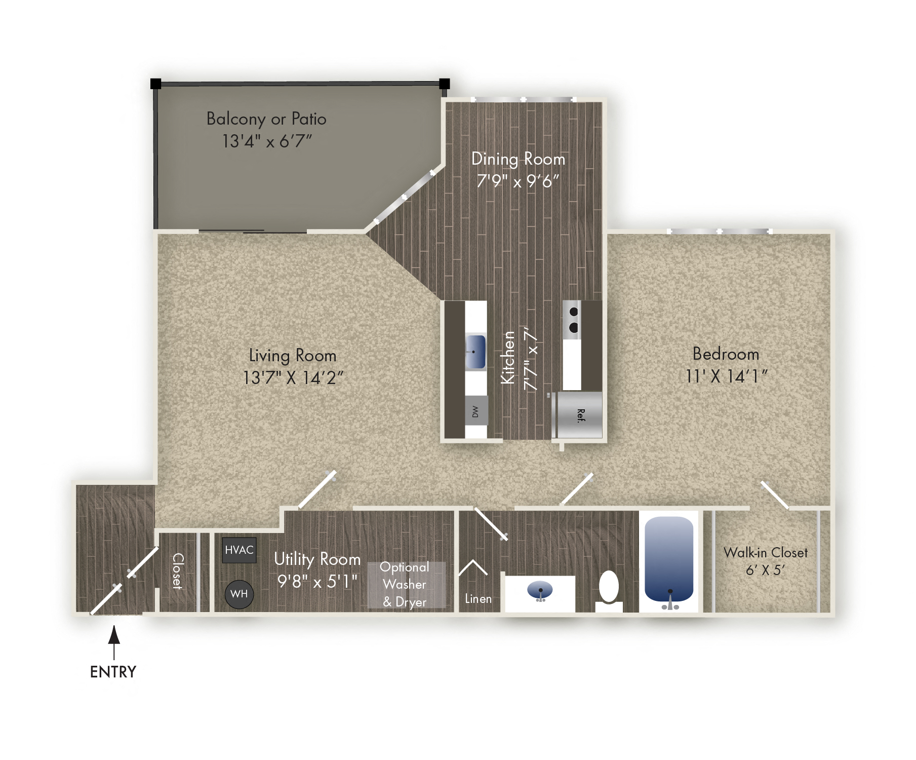 Floor plan for 1 bed, 1 bath, 766 sqft