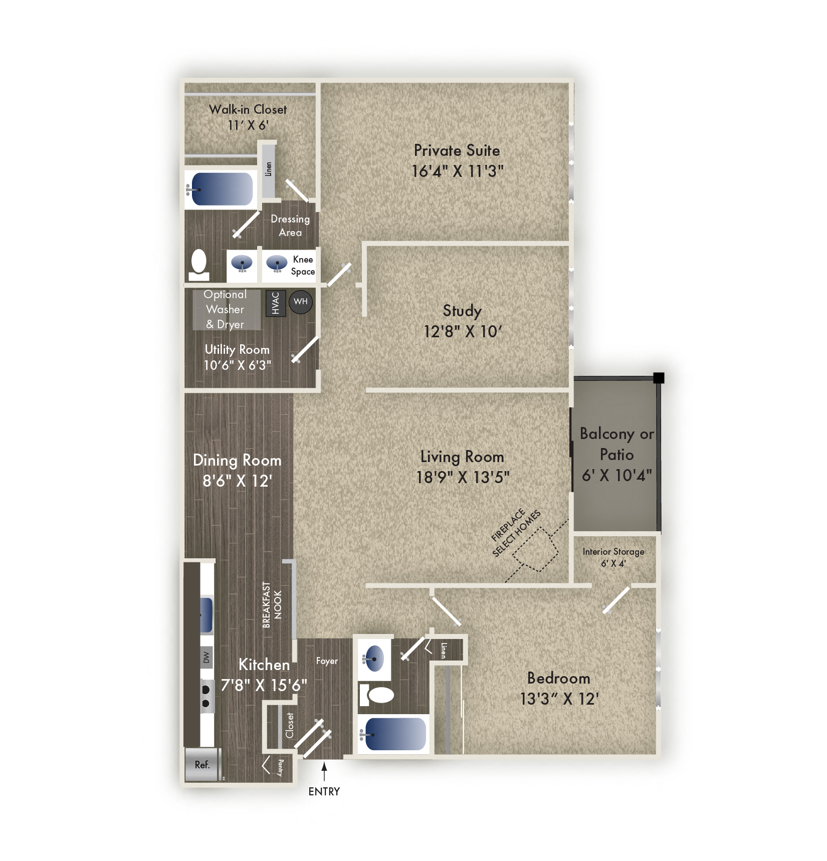Floor plan for 2 beds, 2 baths, 1475 sqft