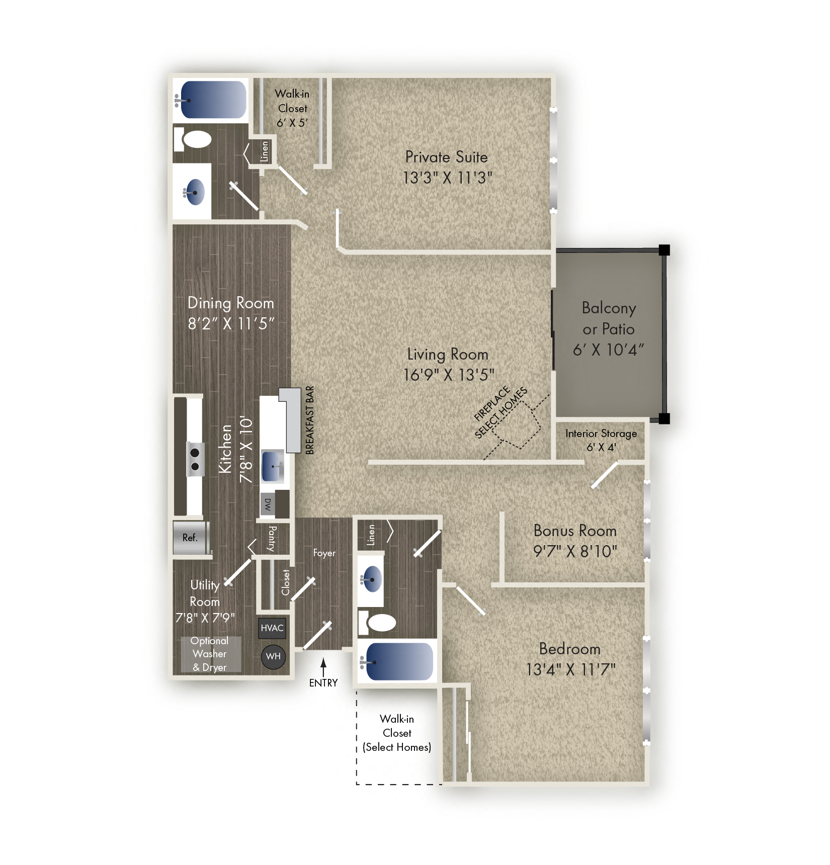 Floor plan for 2 beds, 2 baths, 1249 sqft