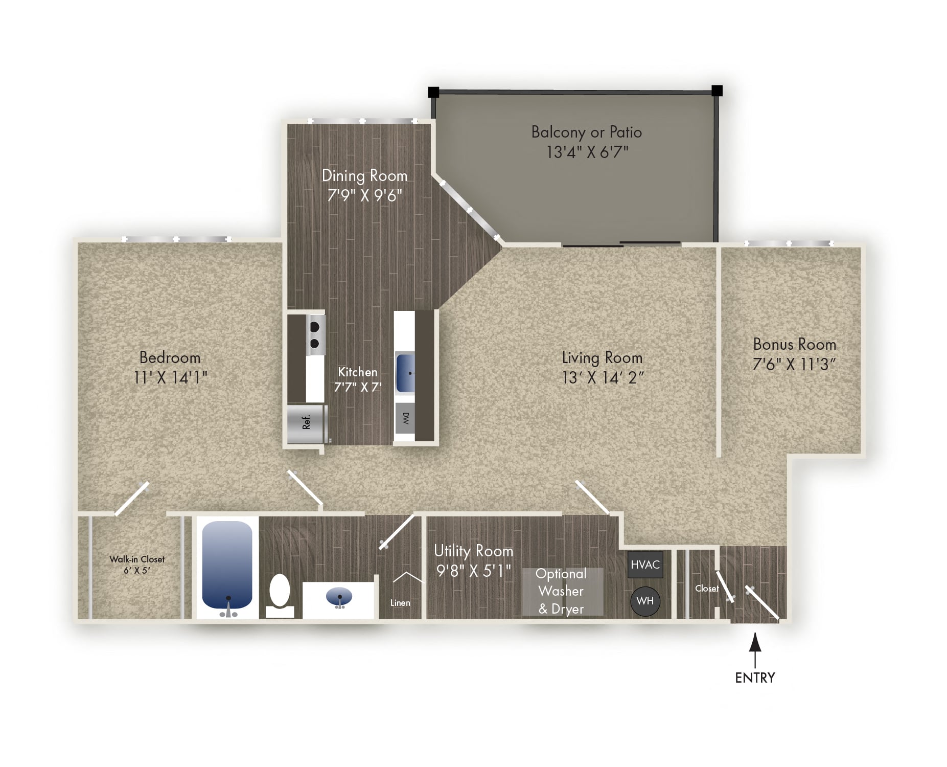 Floor plan for 1 bed, 1 bath, 866 sqft