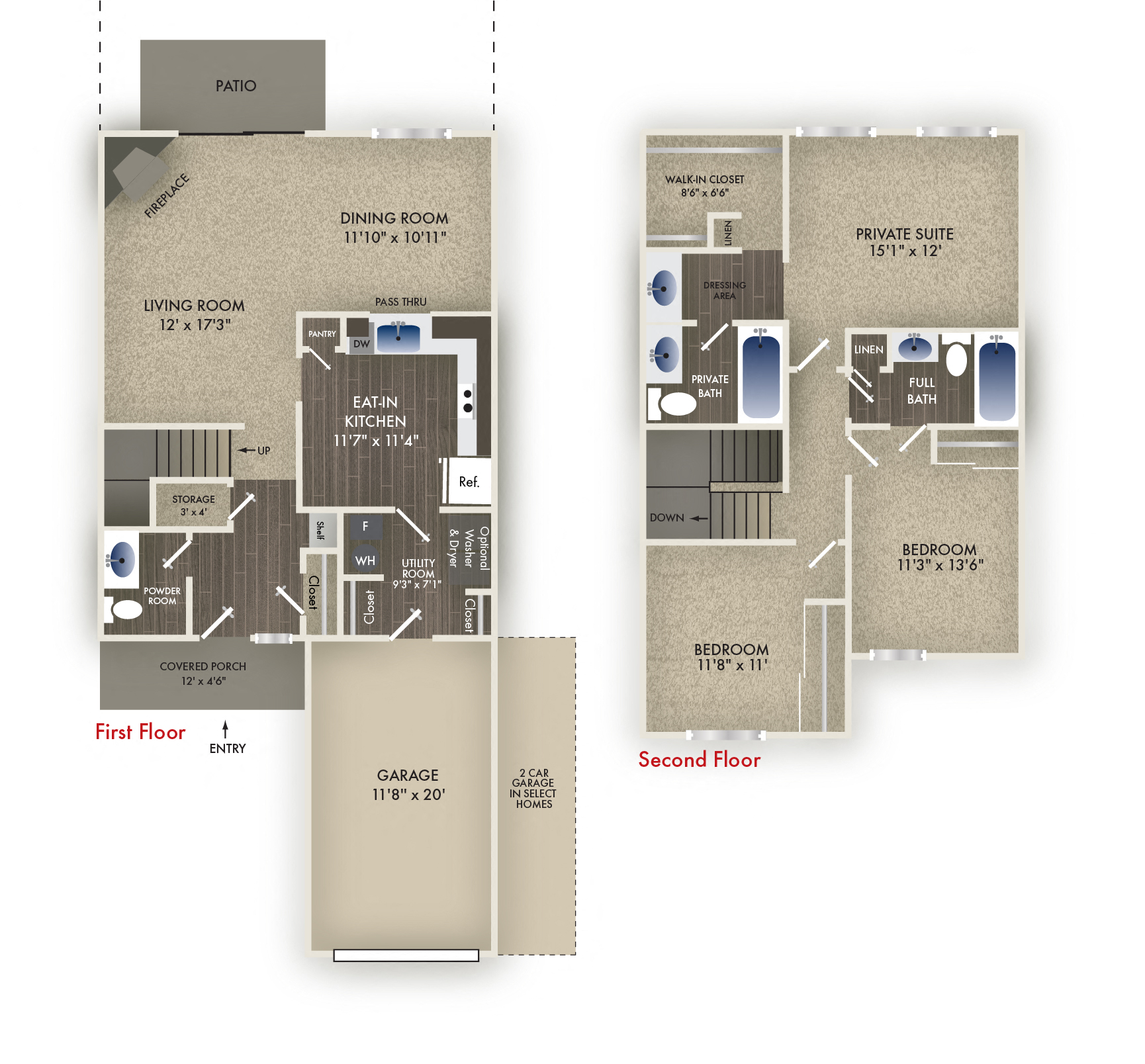 Floor plan for 3 beds, 2.5 baths, 1611 sqft