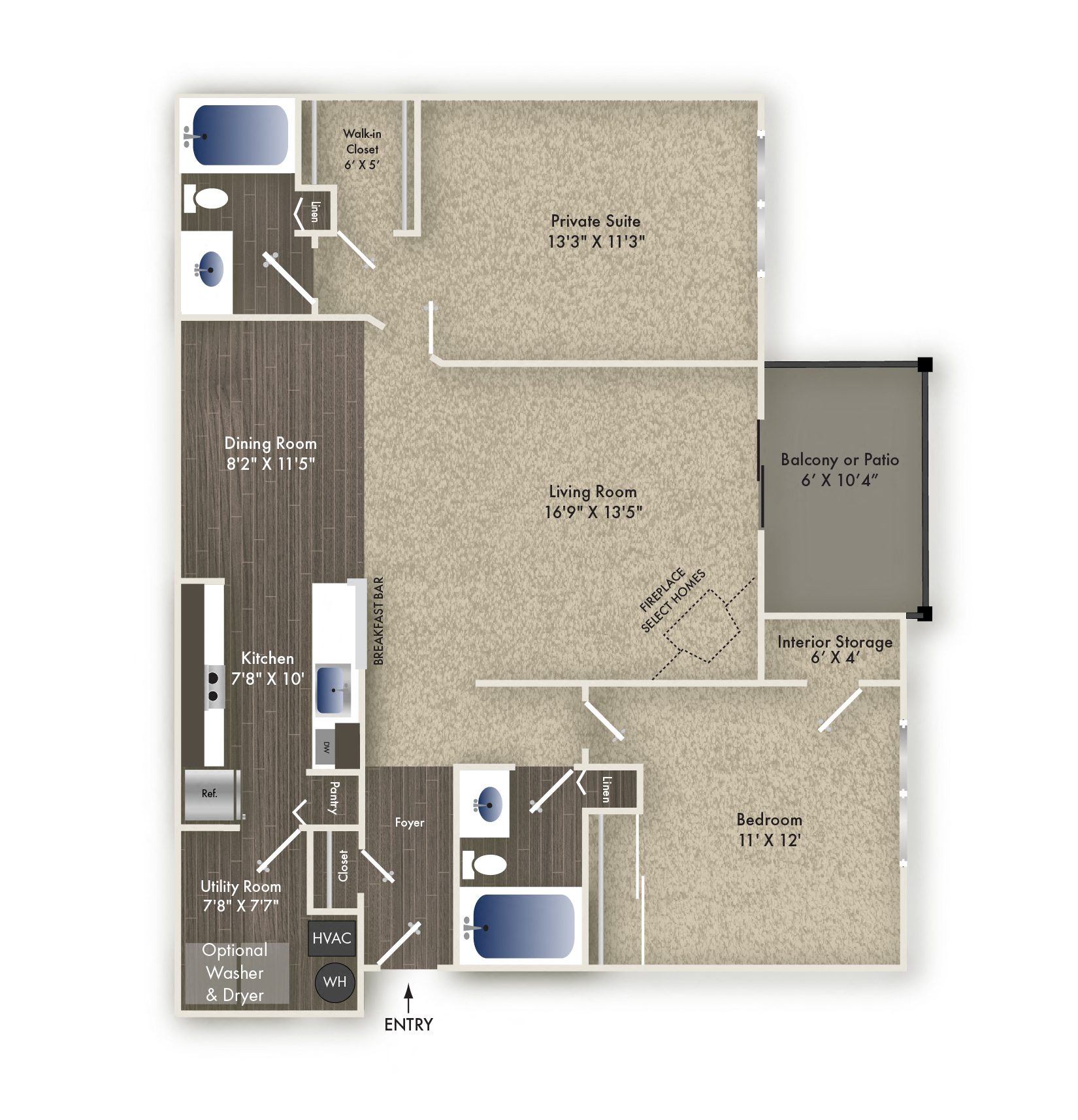 Floor plan for 2 beds, 2 baths, 1092 sqft