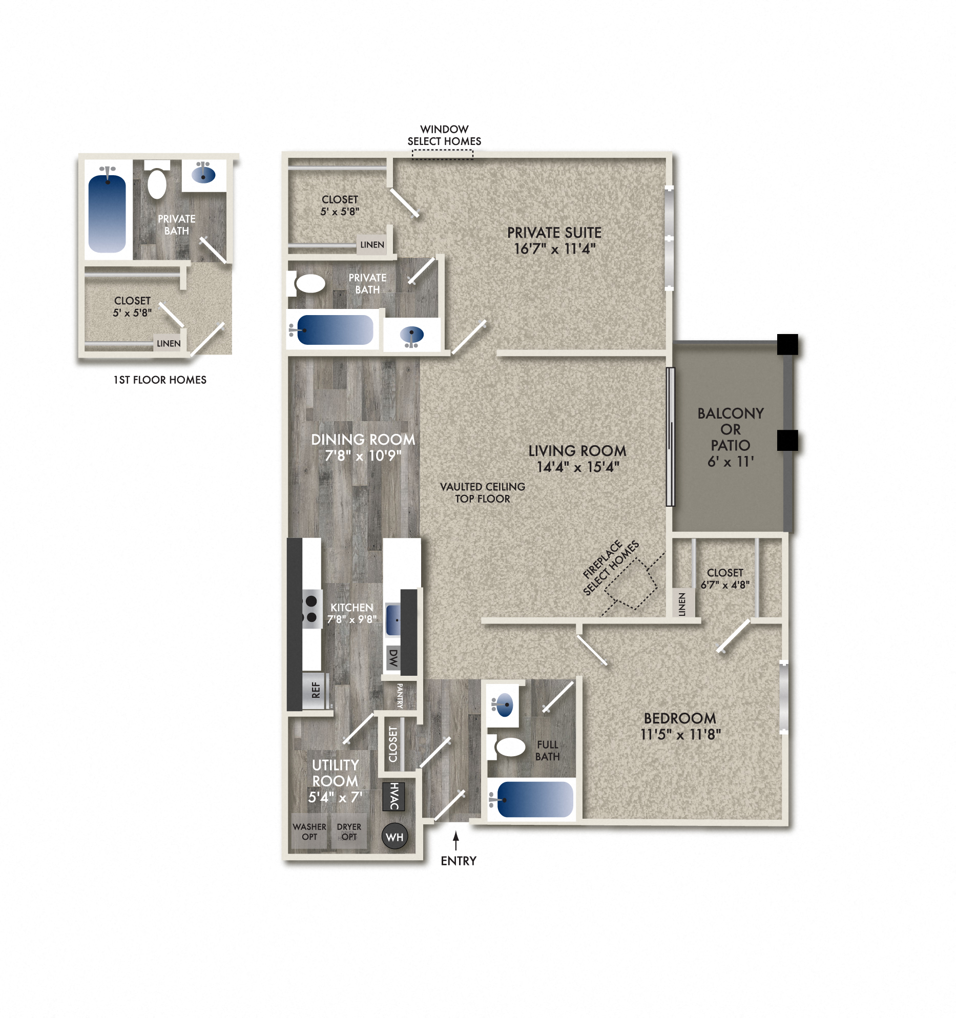 Floor plan for 2 beds, 2 baths, 1000 sqft