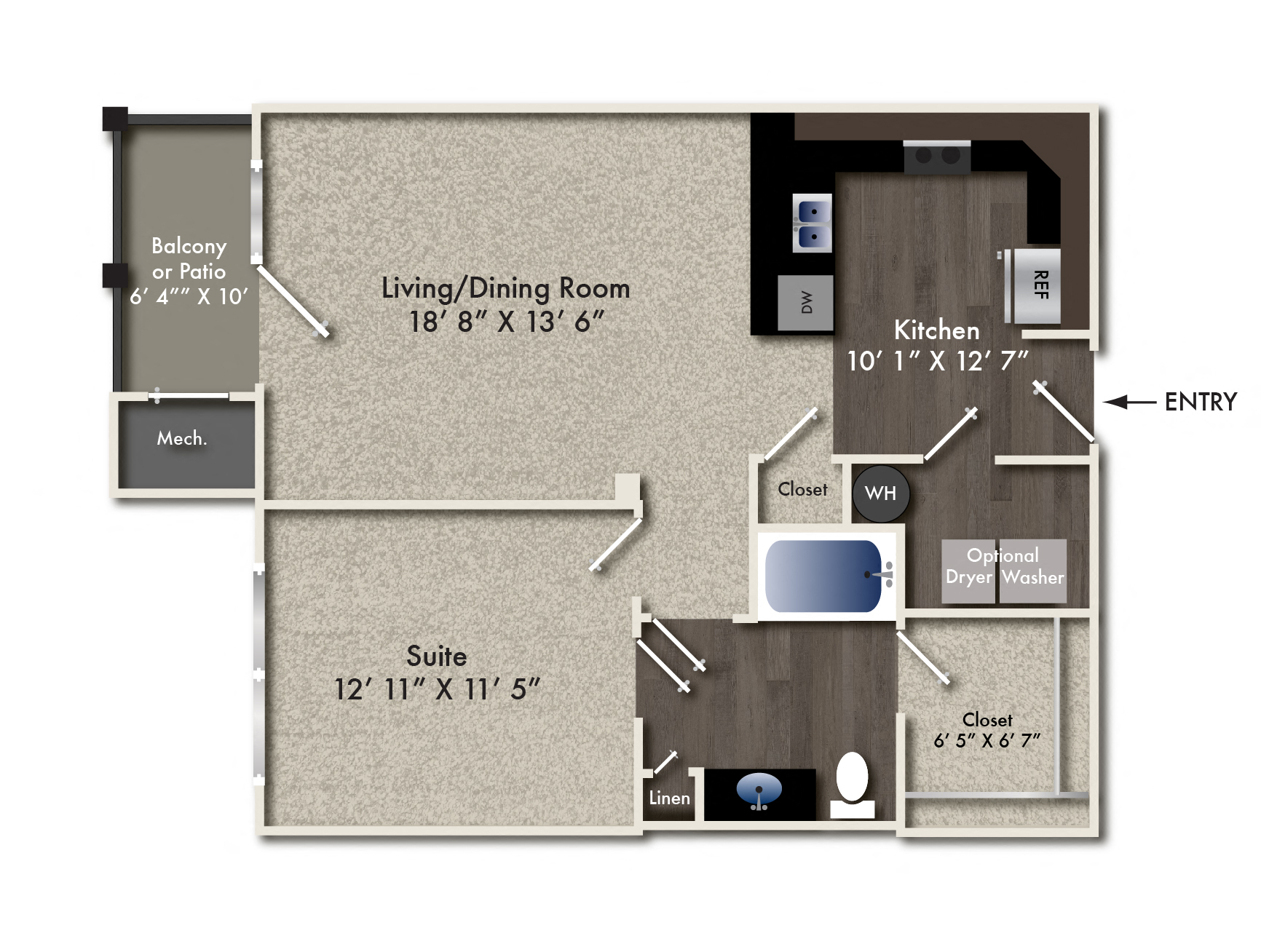 Floor plan for 1 bed, 1 bath, 803 sqft