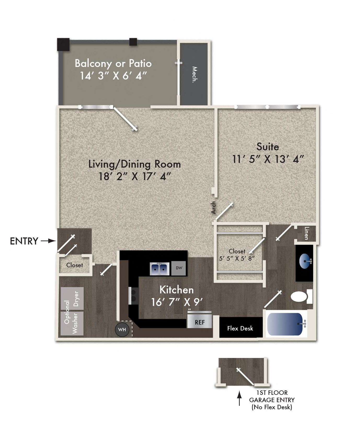 Floor plan for 1 bed, 1 bath, 858 sqft