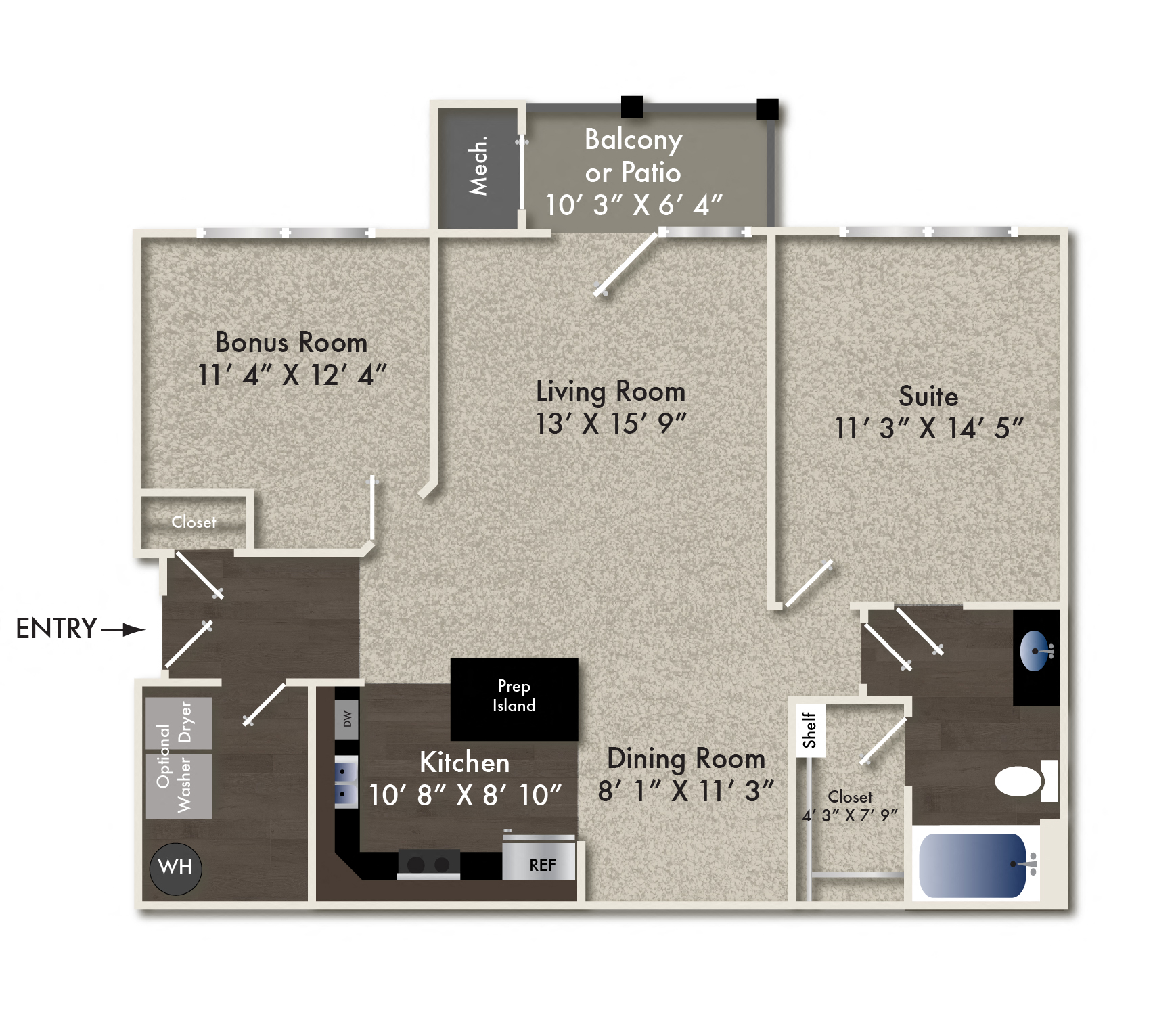 Floor plan for 1 bed, 1 bath, 1017 sqft