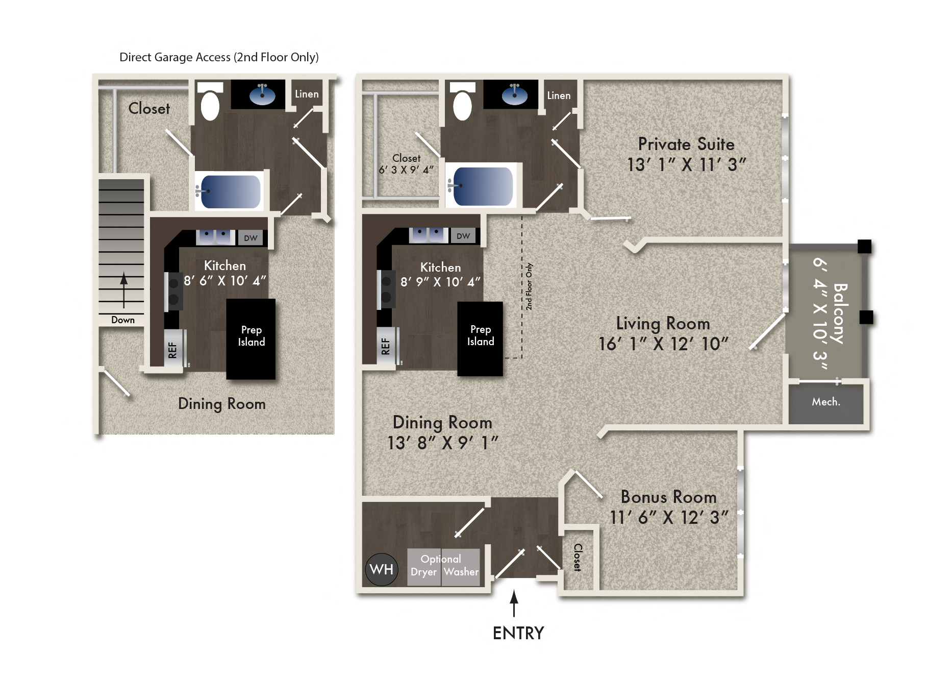 Floor plan for 1 bed, 1 bath, 1105 sqft
