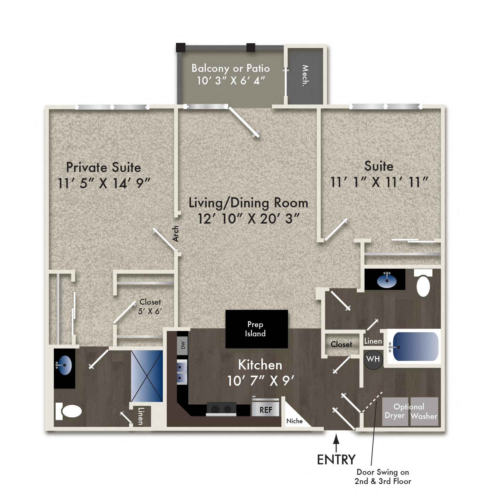 Floor plan for 2 beds, 2 baths, 1121 sqft