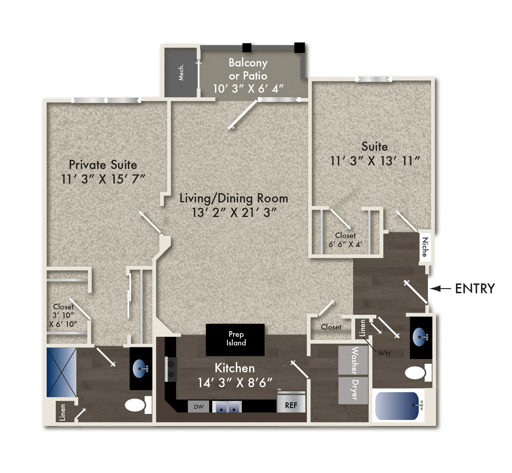 Floor plan for 2 beds, 2 baths, 1184 sqft