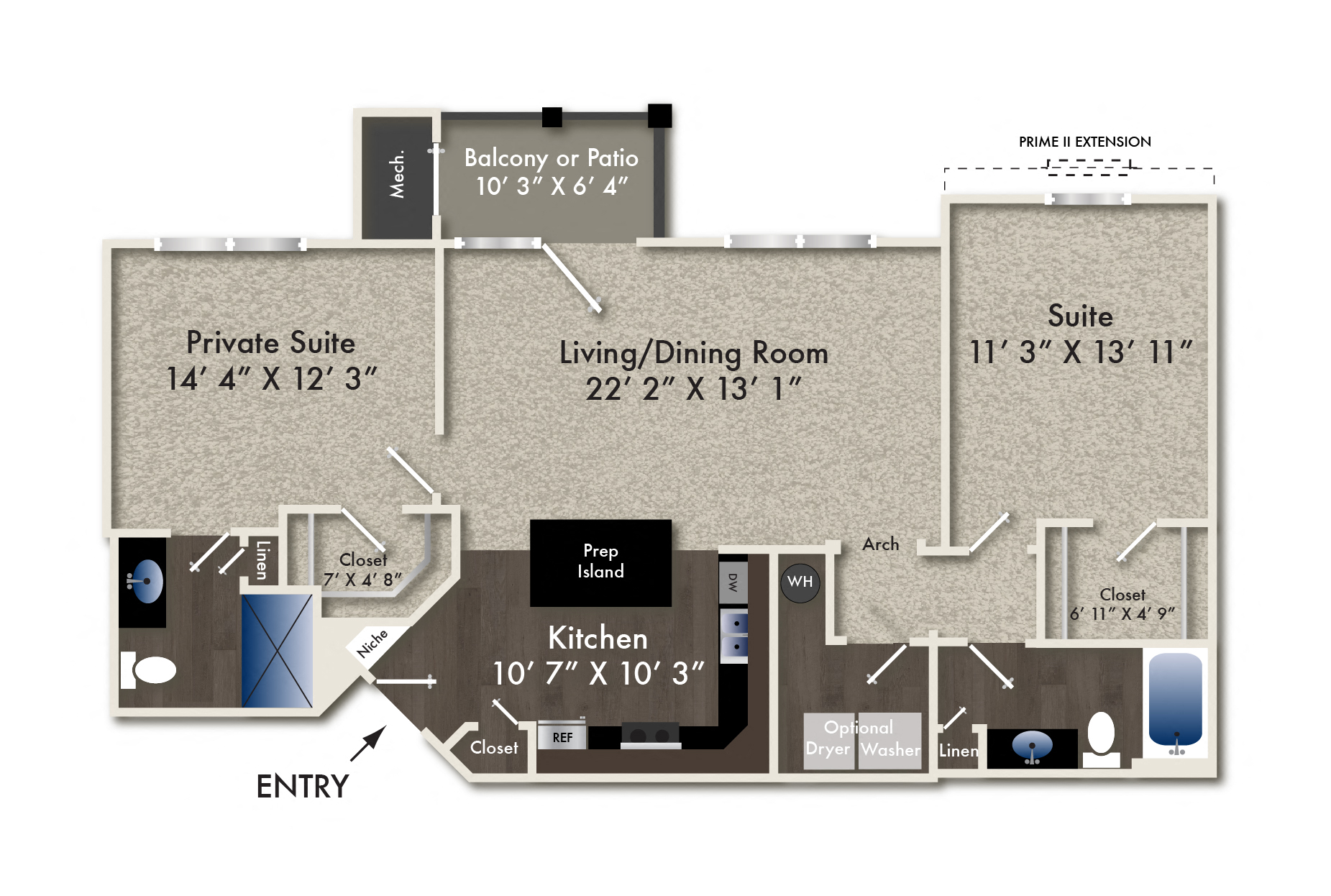 Floor plan for 2 beds, 2 baths, 1186 sqft
