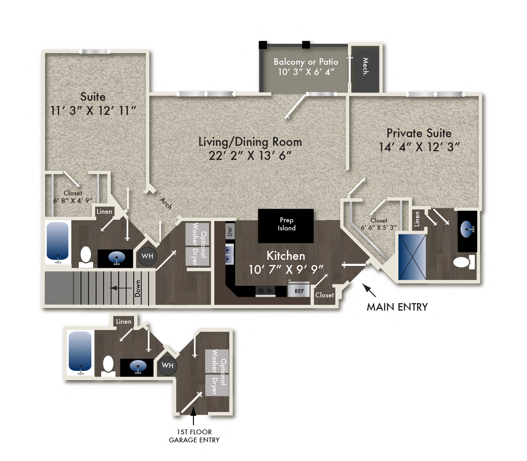 Floor plan for 2 beds, 2 baths, 1149 sqft