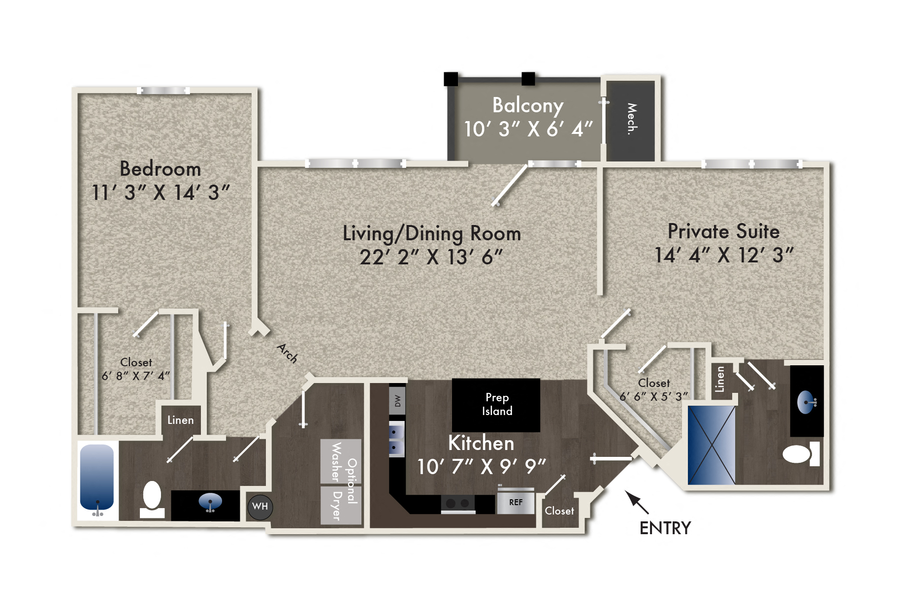 Floor plan for 2 beds, 2 baths, 1195 sqft