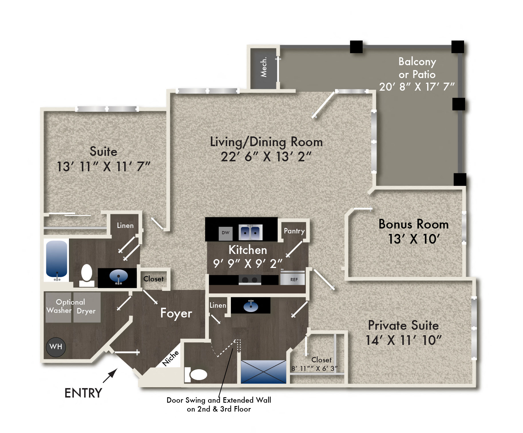 Floor plan for 2 beds, 2 baths, 1458 sqft