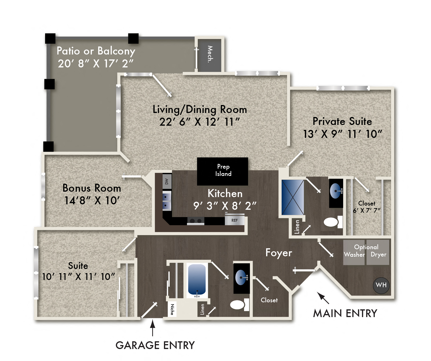 Floor plan for 2 beds, 2 baths, 1450 sqft