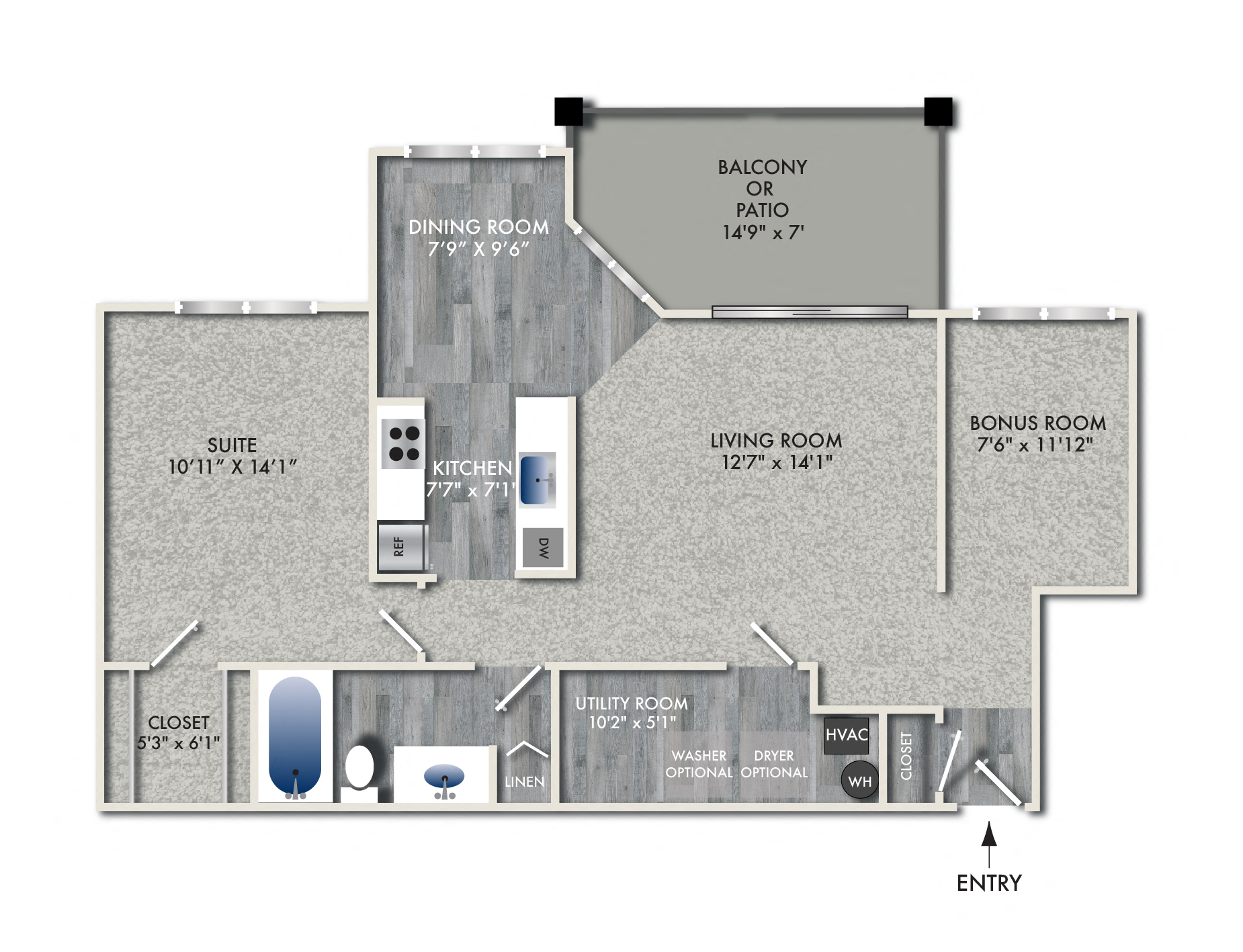 Floor plan for 1 bed, 1 bath, 890 sqft
