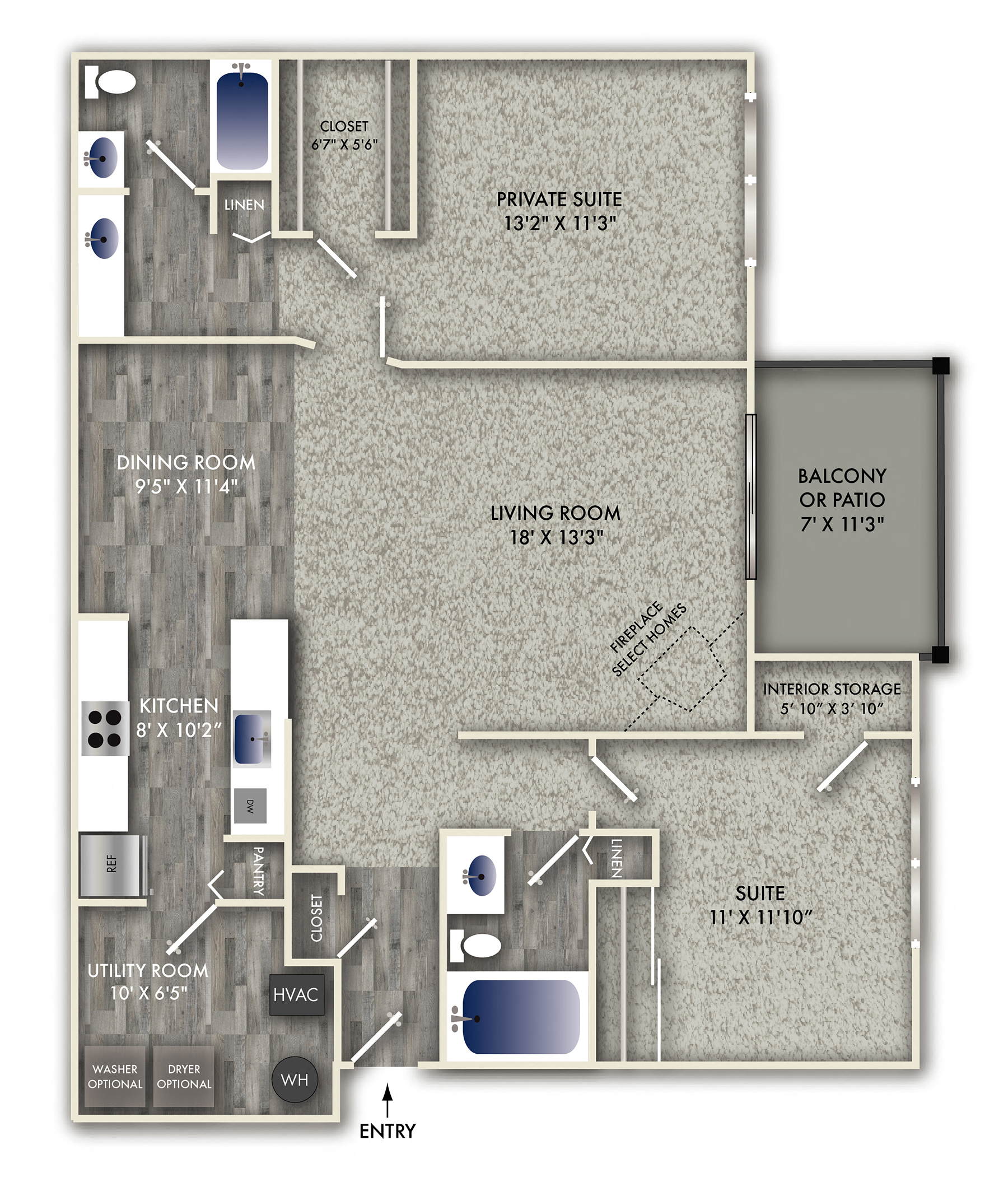Floor plan for 2 beds, 2 baths, 1187 sqft