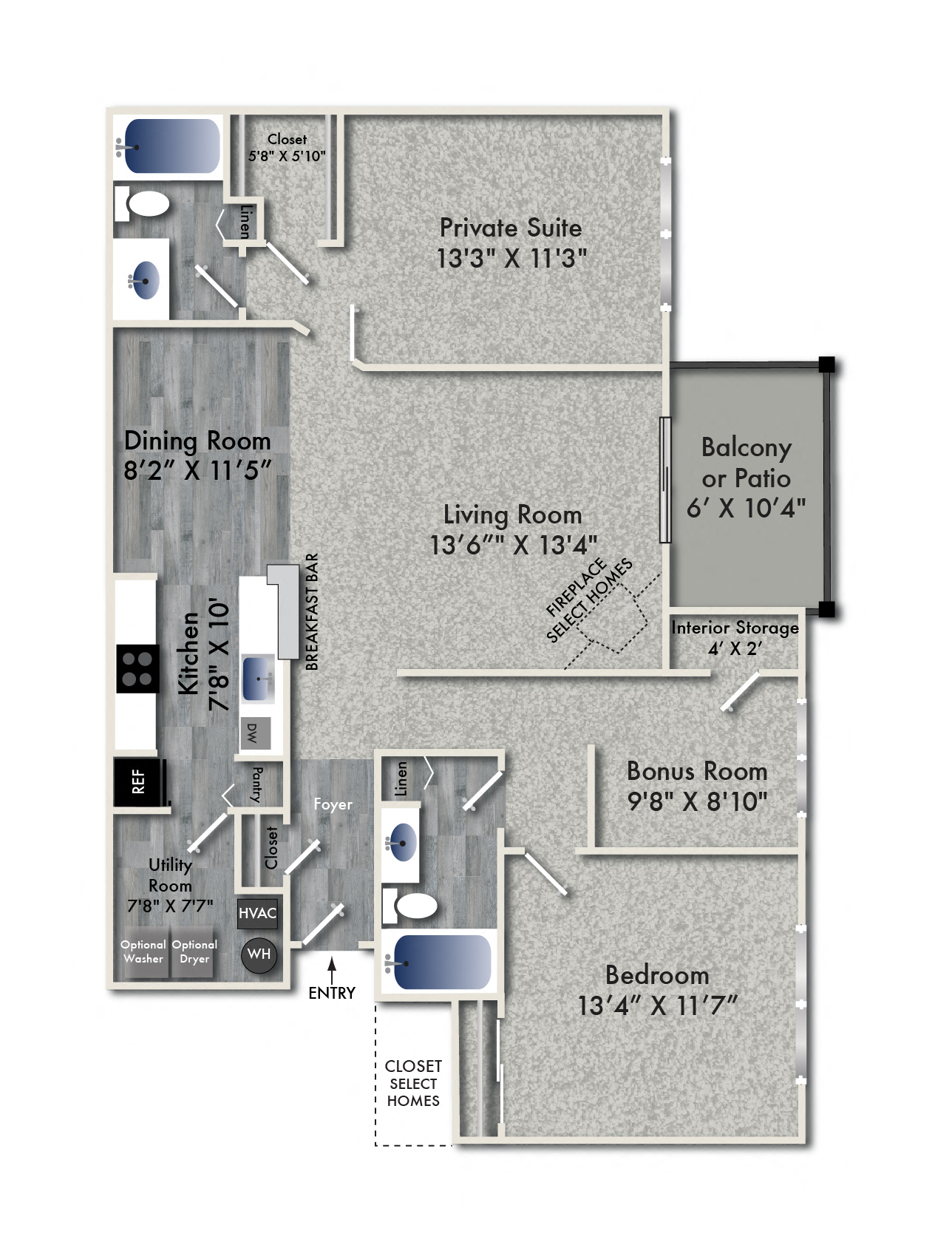 Floor plan for 2 beds, 2 baths, 1249 sqft