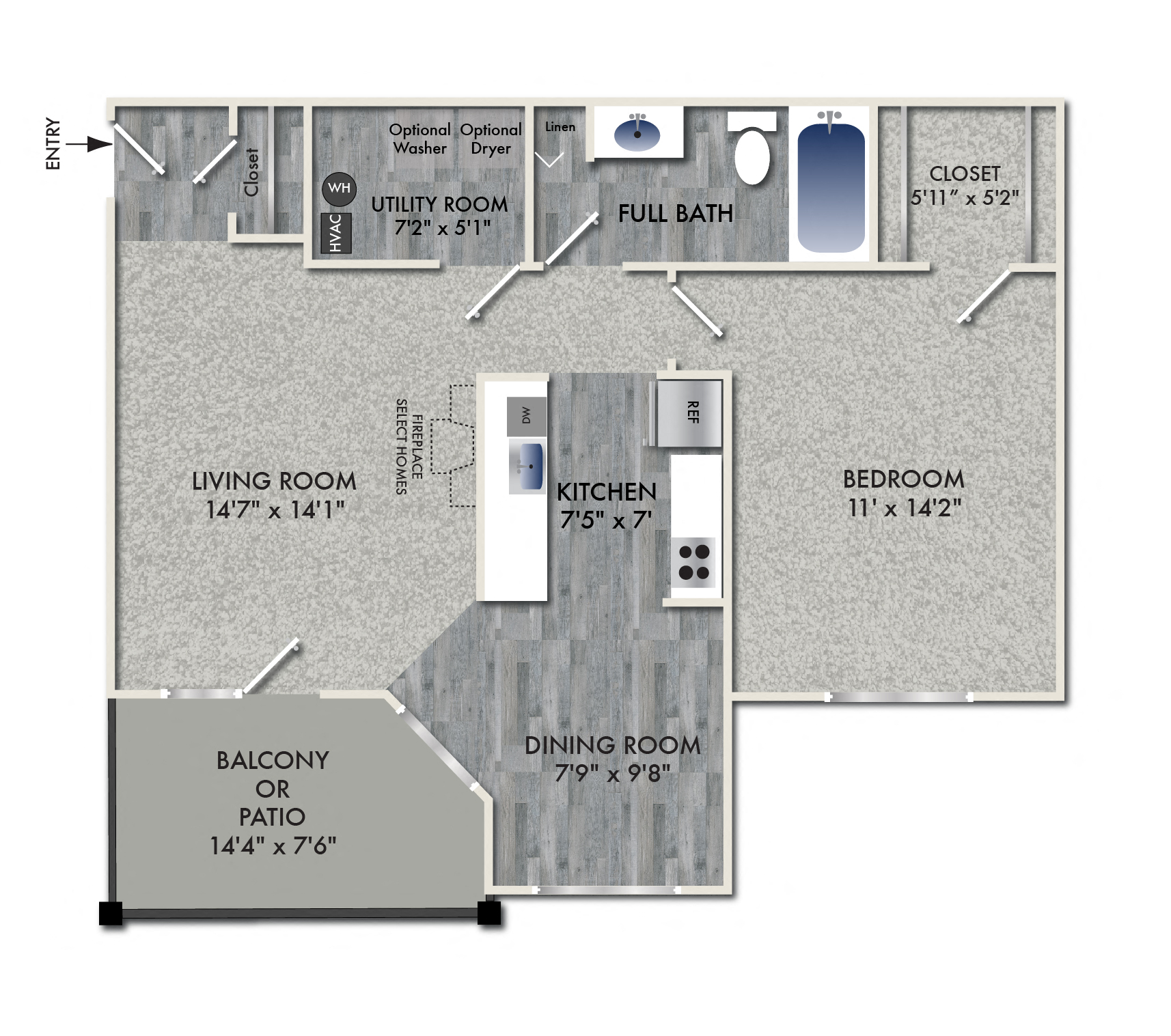 Floor plan for 1 bed, 1 bath, 790 sqft