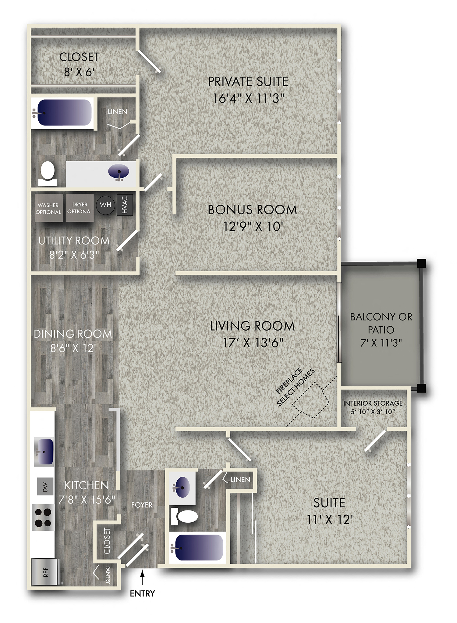 Floor plan for 2 beds, 2 baths, 1360 sqft