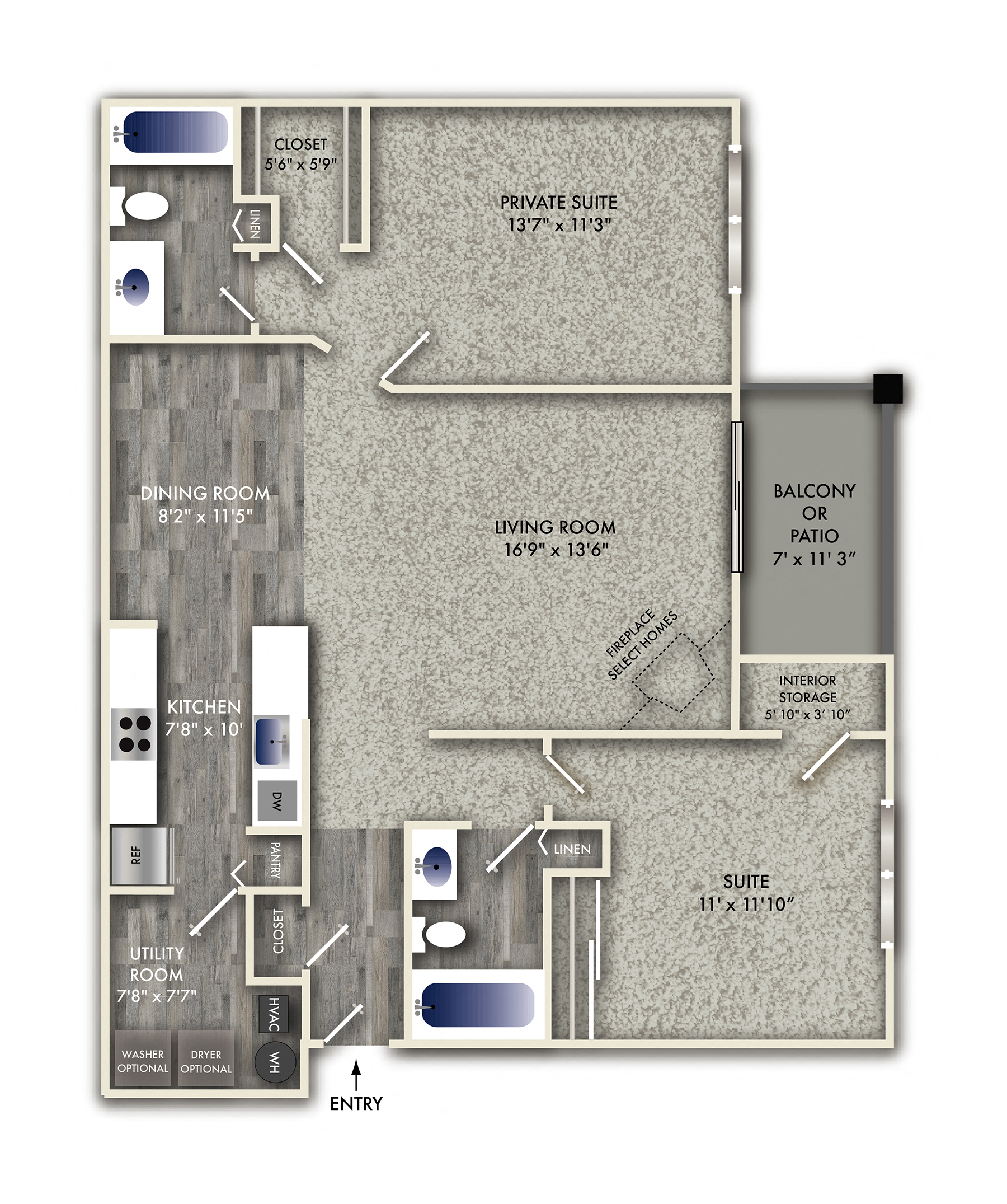 Floor plan for 2 beds, 2 baths, 1092 sqft