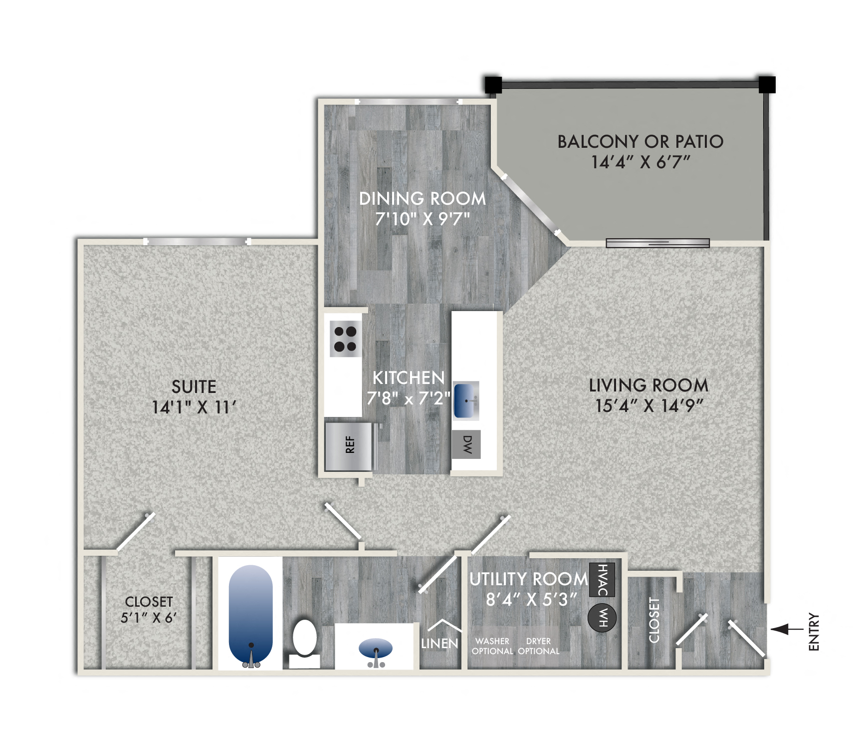 Floor plan for 1 bed, 1 bath, 722 sqft