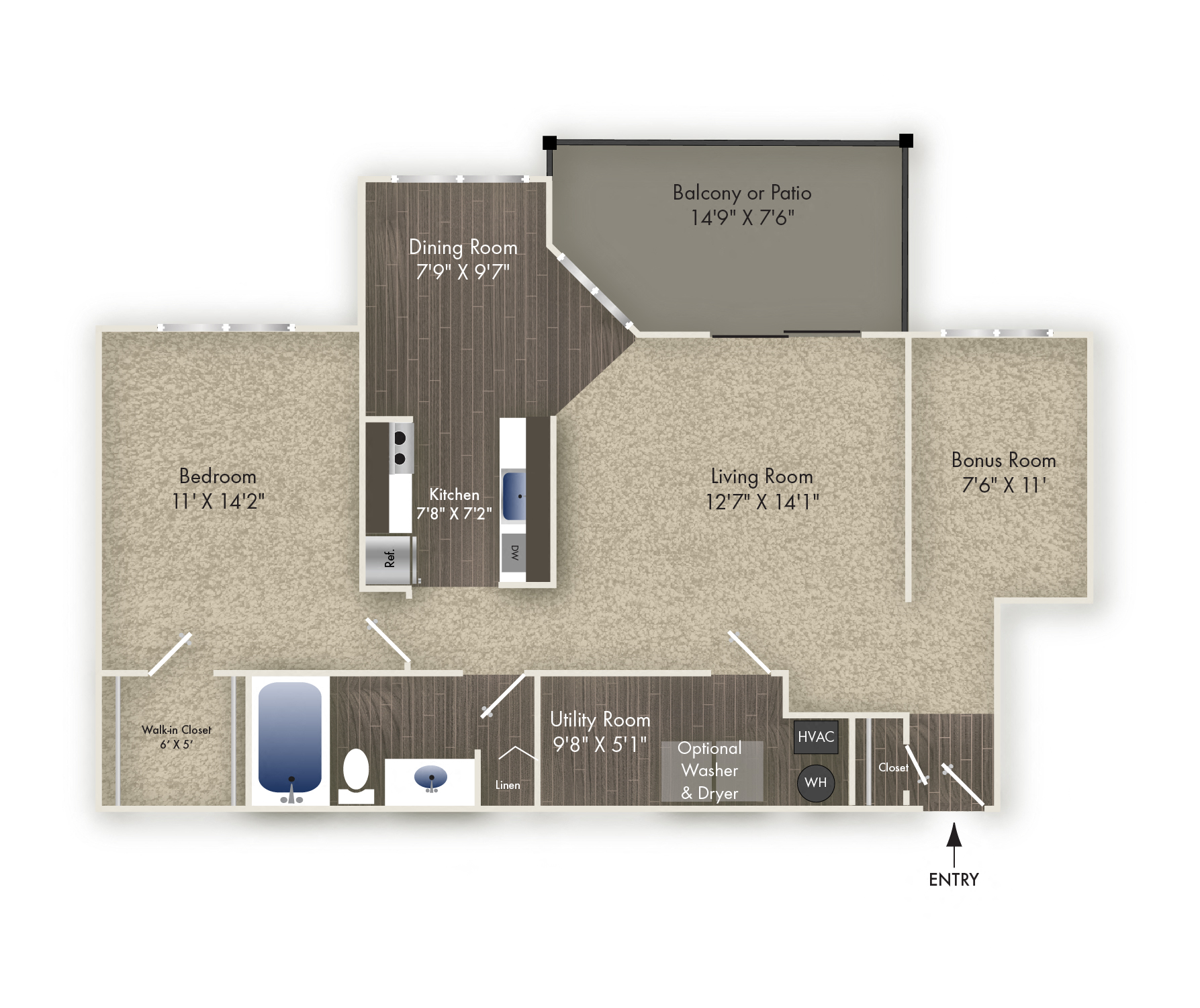 Floor plan for 1 bed, 1 bath, 866 sqft