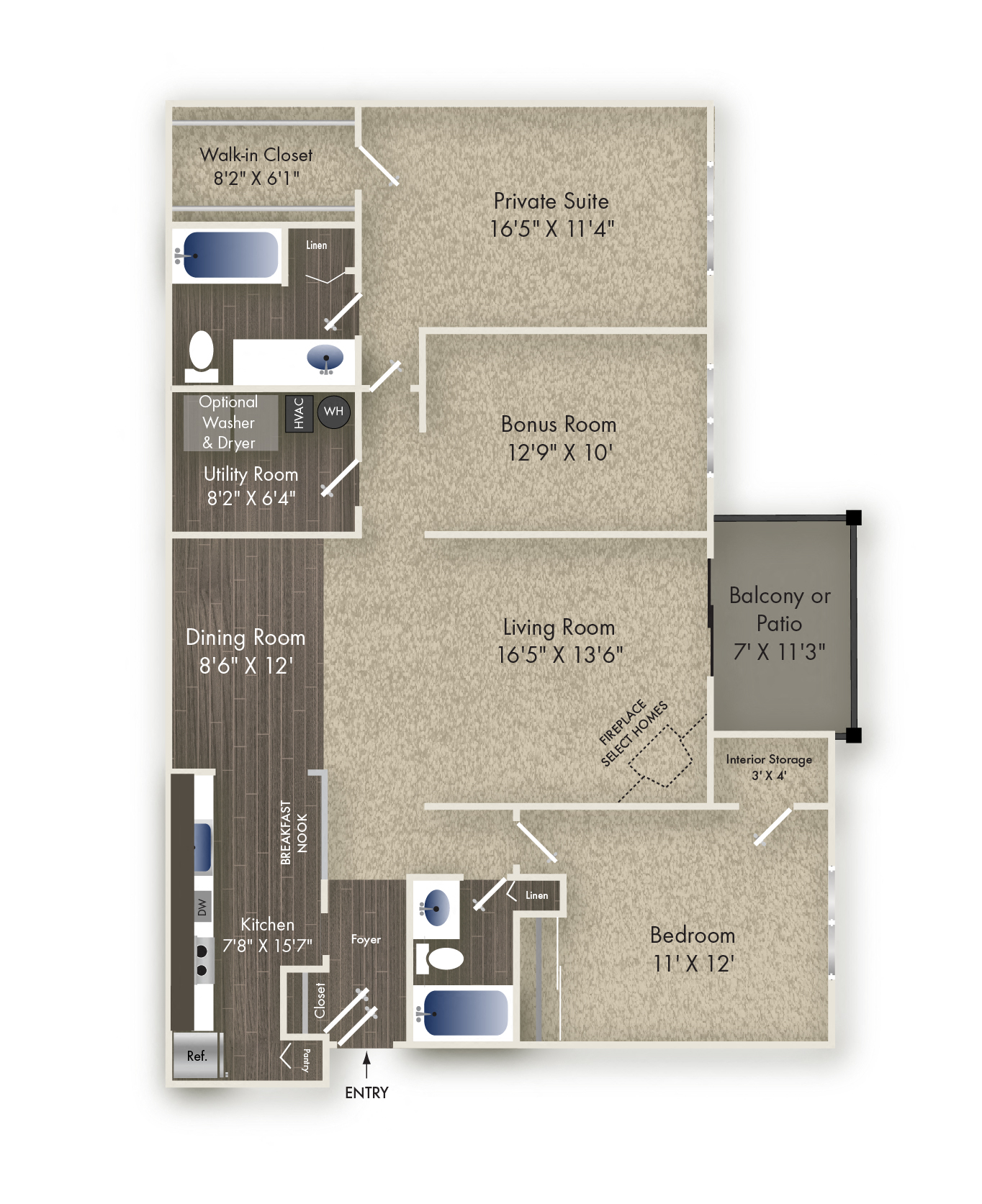 Floor plan for 2 beds, 2 baths, 1360 sqft