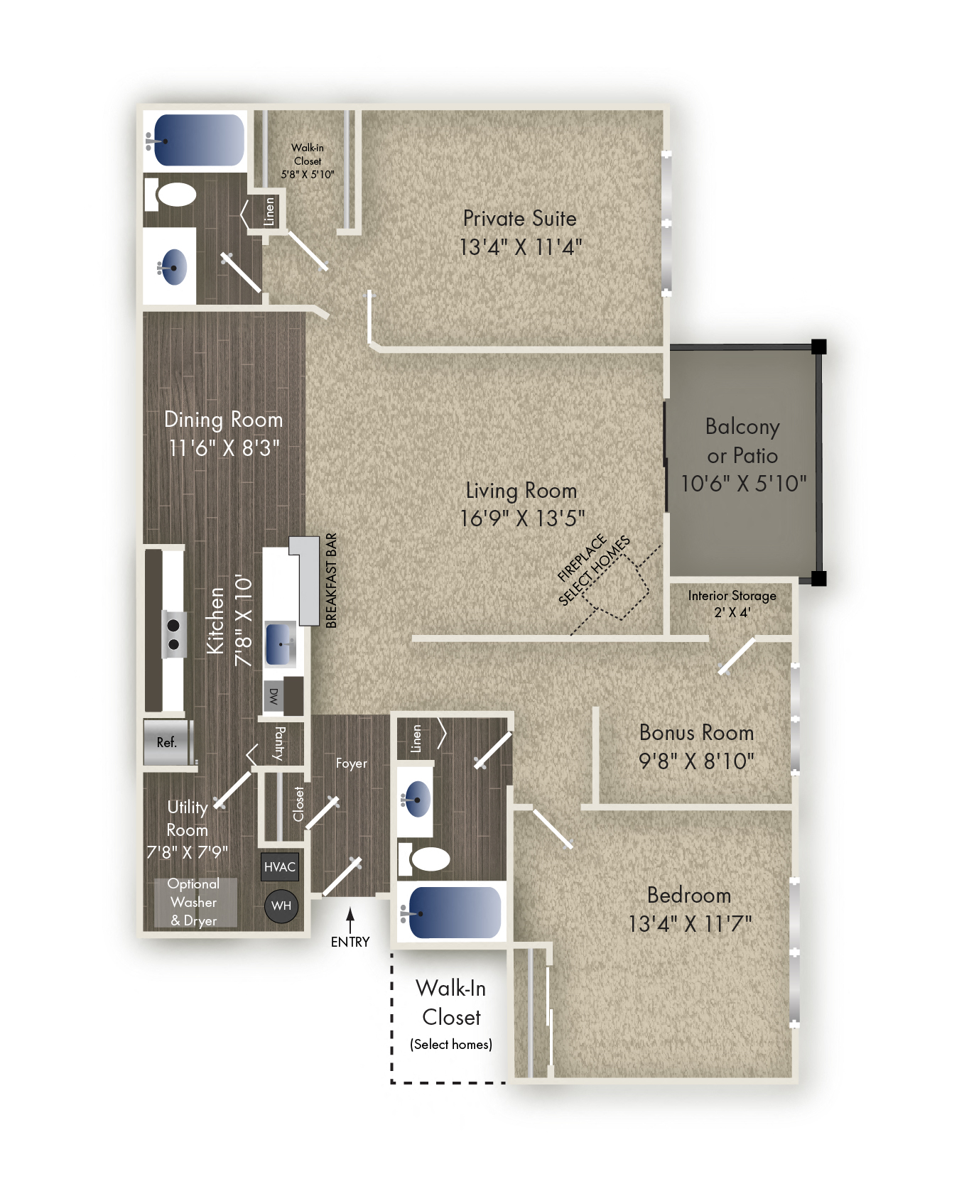 Floor plan for 2 beds, 2 baths, 1249 sqft